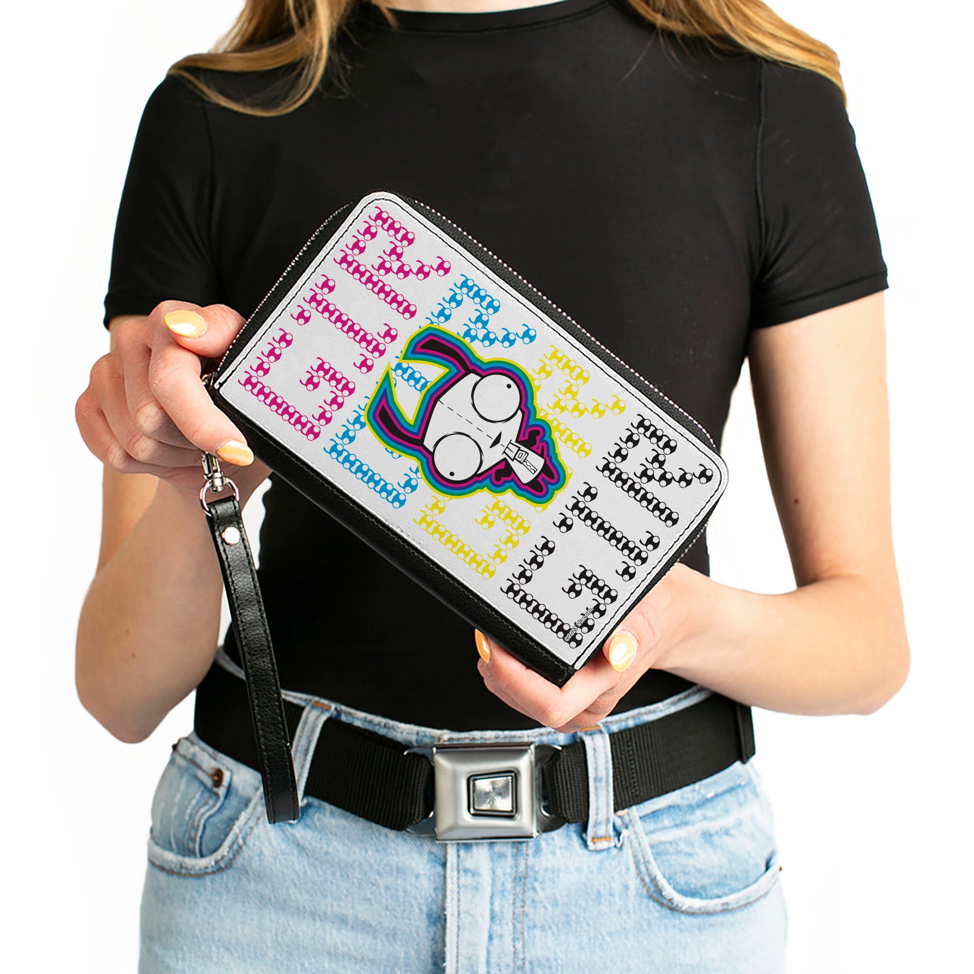 PU Zip Around Wallet Rectangle - Invader Zim GIR Pose and Text White/Multi Color Clutch Zip Around Wallets Invader Zim