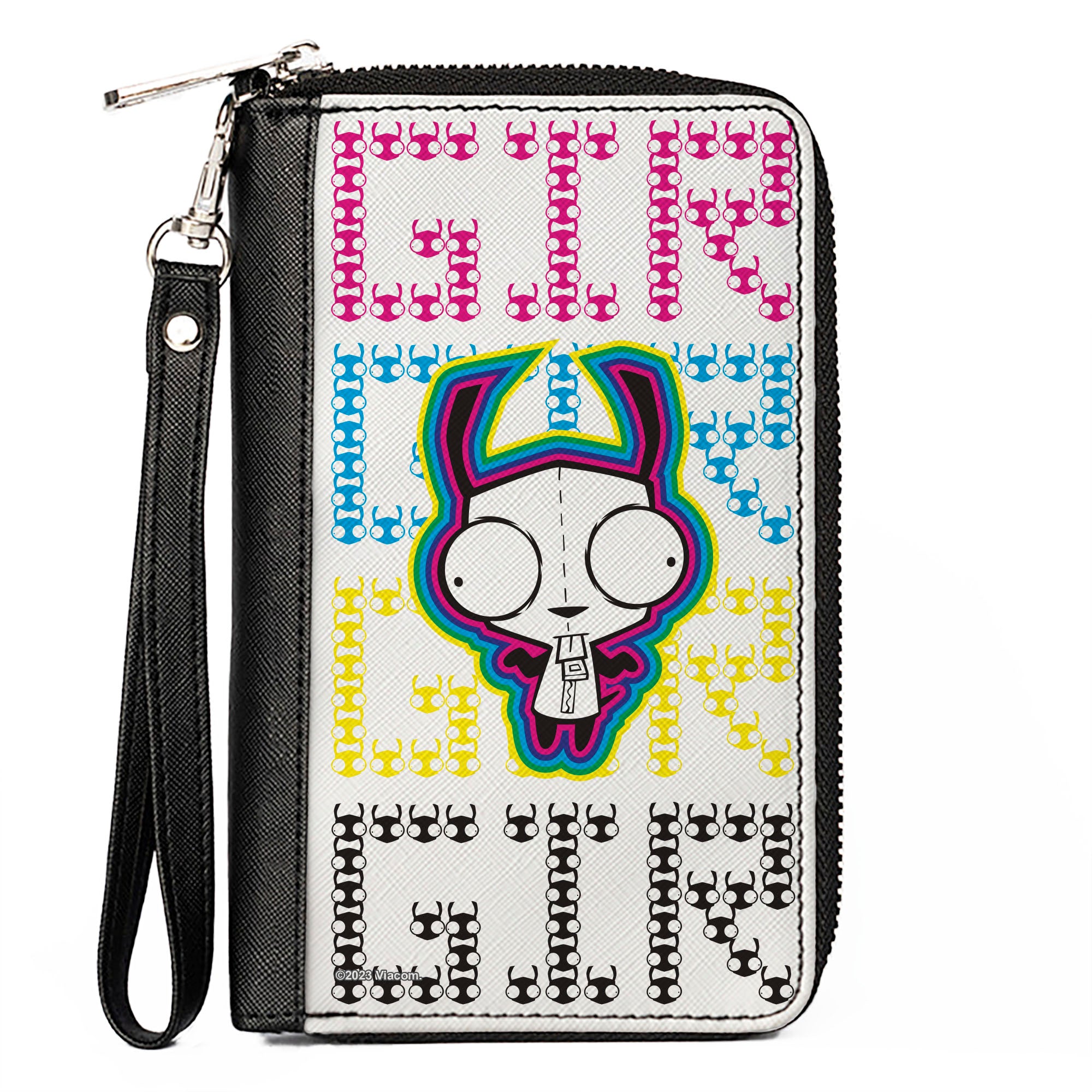PU Zip Around Wallet Rectangle - Invader Zim GIR Pose and Text White/Multi Color Clutch Zip Around Wallets Invader Zim