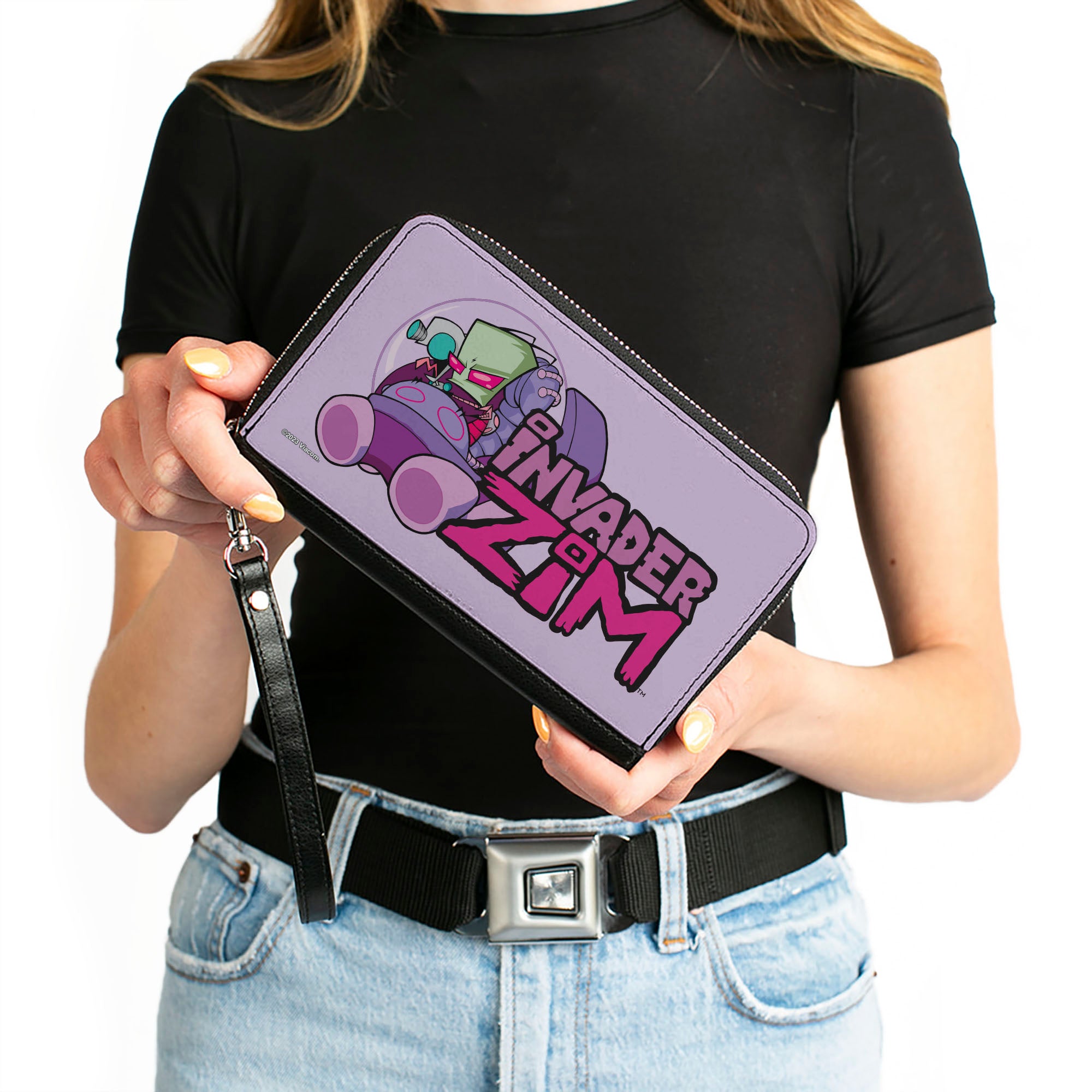 PU Zip Around Wallet Rectangle - Invader Zim and GIR Voot Cruiser Pose and Title Logo Lavender Clutch Zip Around Wallets Invader Zim
