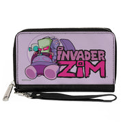 PU Zip Around Wallet Rectangle - Invader Zim and GIR Voot Cruiser Pose and Title Logo Lavender Clutch Zip Around Wallets Invader Zim