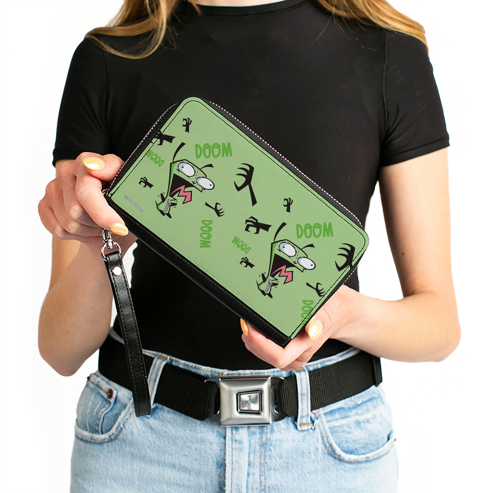 PU Zip Around Wallet Rectangle - Invader Zim GIR Screaming DOOM Pose Greens Clutch Zip Around Wallets Invader Zim