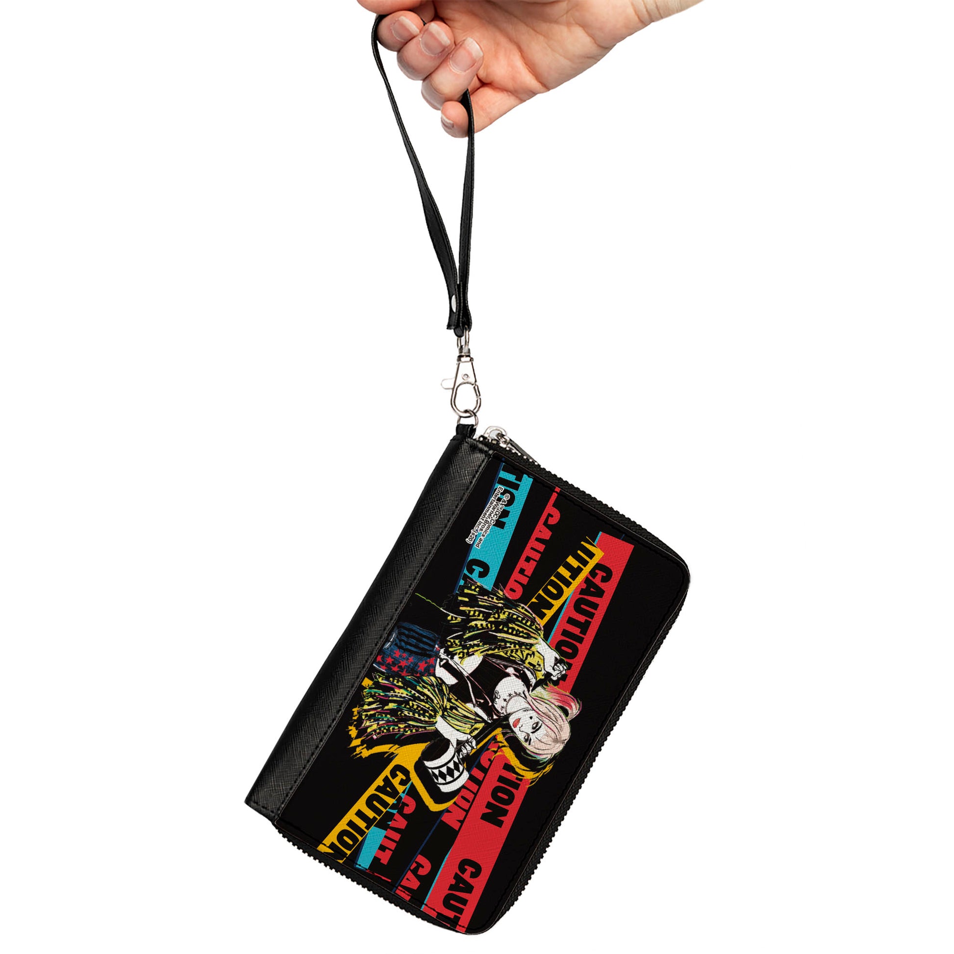 Women's PU Zip Around Wallet Rectangle - Birds of Prey Harley Quinn CAUTION Hammer Pose Black Red Yellow Blue Clutch Zip Around Wallets DC Comics   
