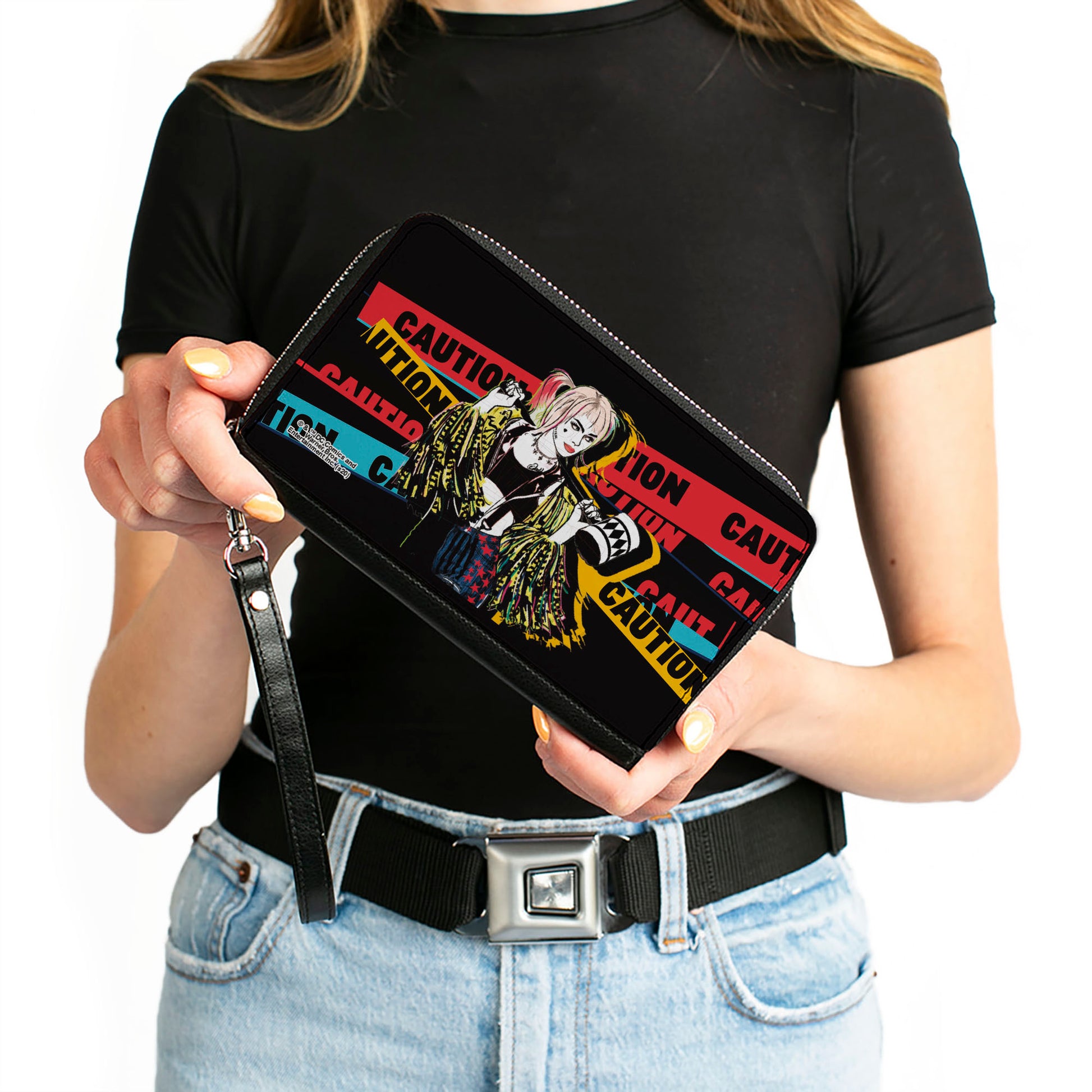 Women's PU Zip Around Wallet Rectangle - Birds of Prey Harley Quinn CAUTION Hammer Pose Black Red Yellow Blue Clutch Zip Around Wallets DC Comics   