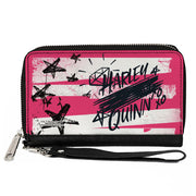 Women's PU Zip Around Wallet Rectangle - Birds of Prey HARLEY QUINN Text Diamond Stars Pinks White Black Clutch Zip Around Wallets DC Comics   