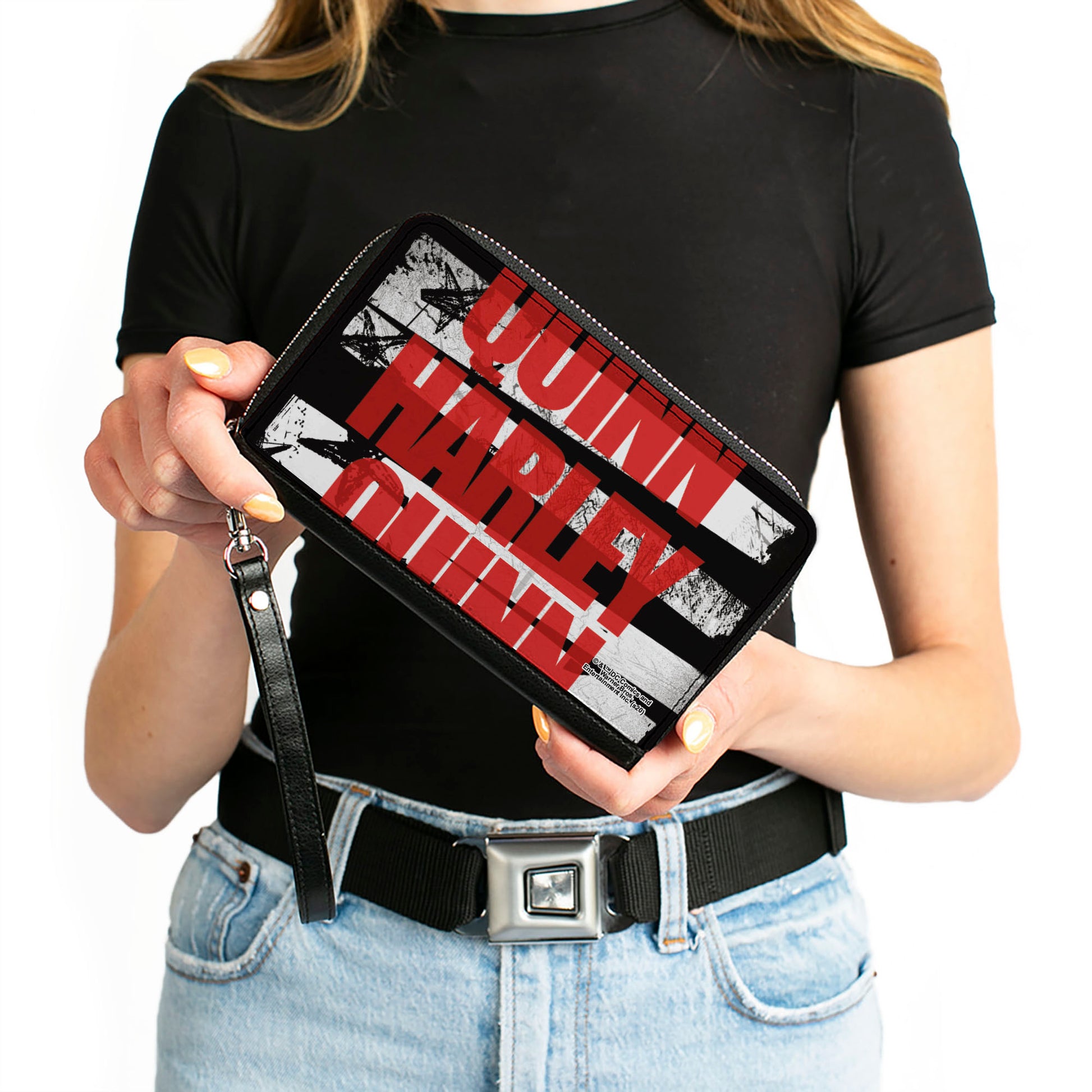 Women's PU Zip Around Wallet Rectangle - Birds of Prey HARLEY QUINN Bold Stars and Stripes Black White Red Clutch Zip Around Wallets DC Comics   