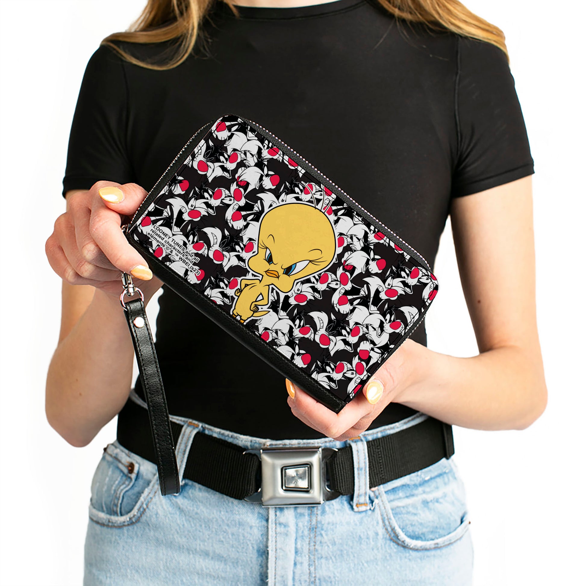 PU Zip Around Wallet Rectangle - Tweety Pose/Sylvester the Cat Expressions Stacked Black/White/Red Clutch Zip Around Wallets Looney Tunes   
