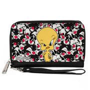PU Zip Around Wallet Rectangle - Tweety Pose/Sylvester the Cat Expressions Stacked Black/White/Red Clutch Zip Around Wallets Looney Tunes   