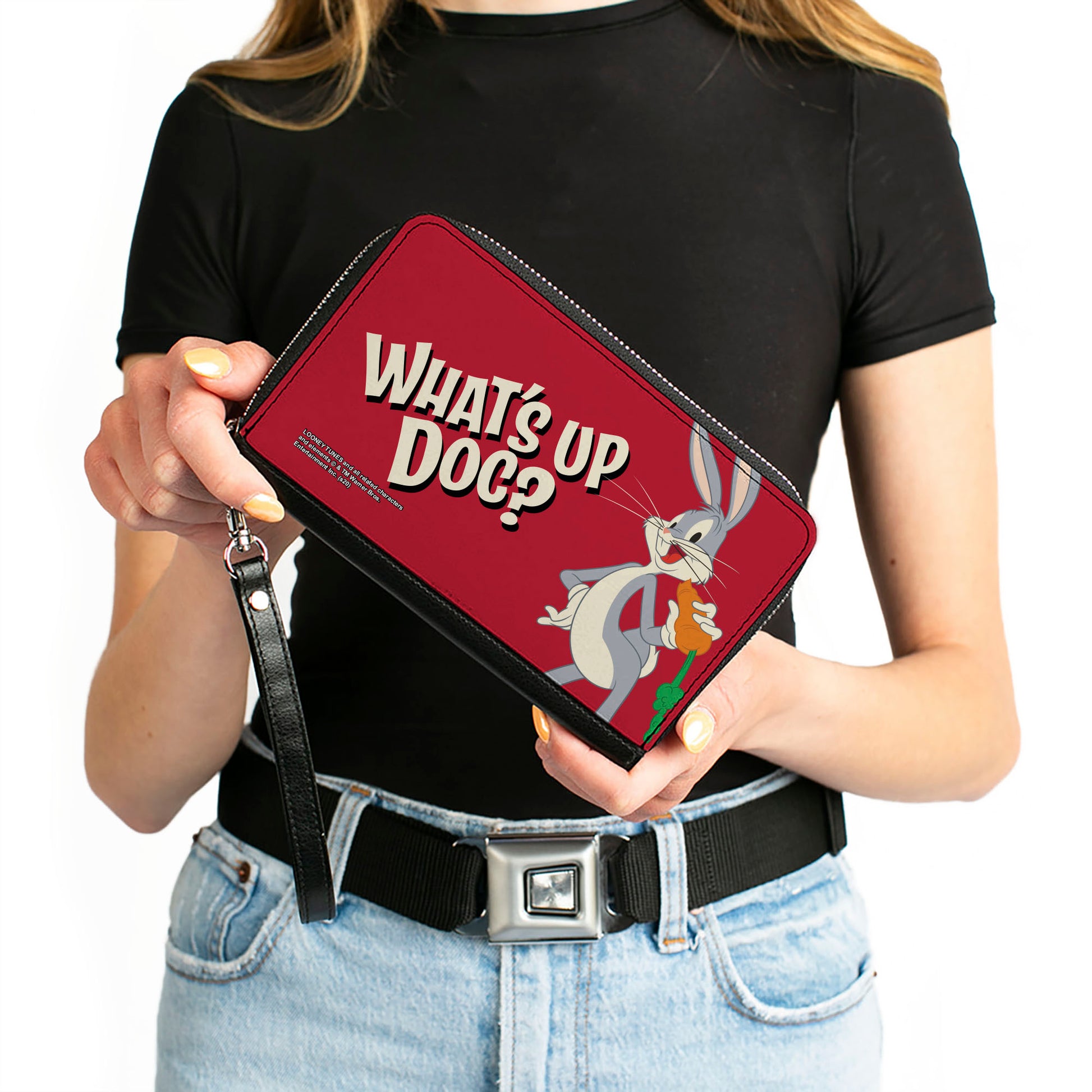 Women's PU Zip Around Wallet Rectangle - Looney Tunes Bugs Bunny WHAT'S UP DOC? Carrot Pose Red Clutch Zip Around Wallets Looney Tunes   