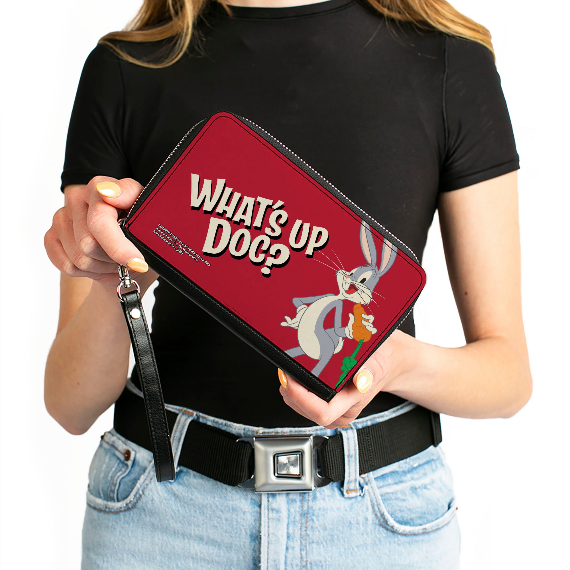 Women's PU Zip Around Wallet Rectangle - Looney Tunes Bugs Bunny WHAT'S UP DOC? Carrot Pose Red Clutch Zip Around Wallets Looney Tunes   