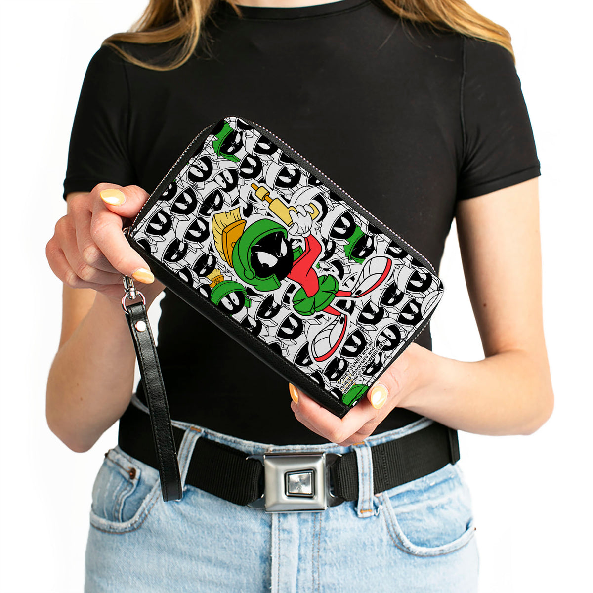 PU Zip Around Wallet Rectangle - Marvin the Martian Ray Gun Pose Expressions Stacked White/Black