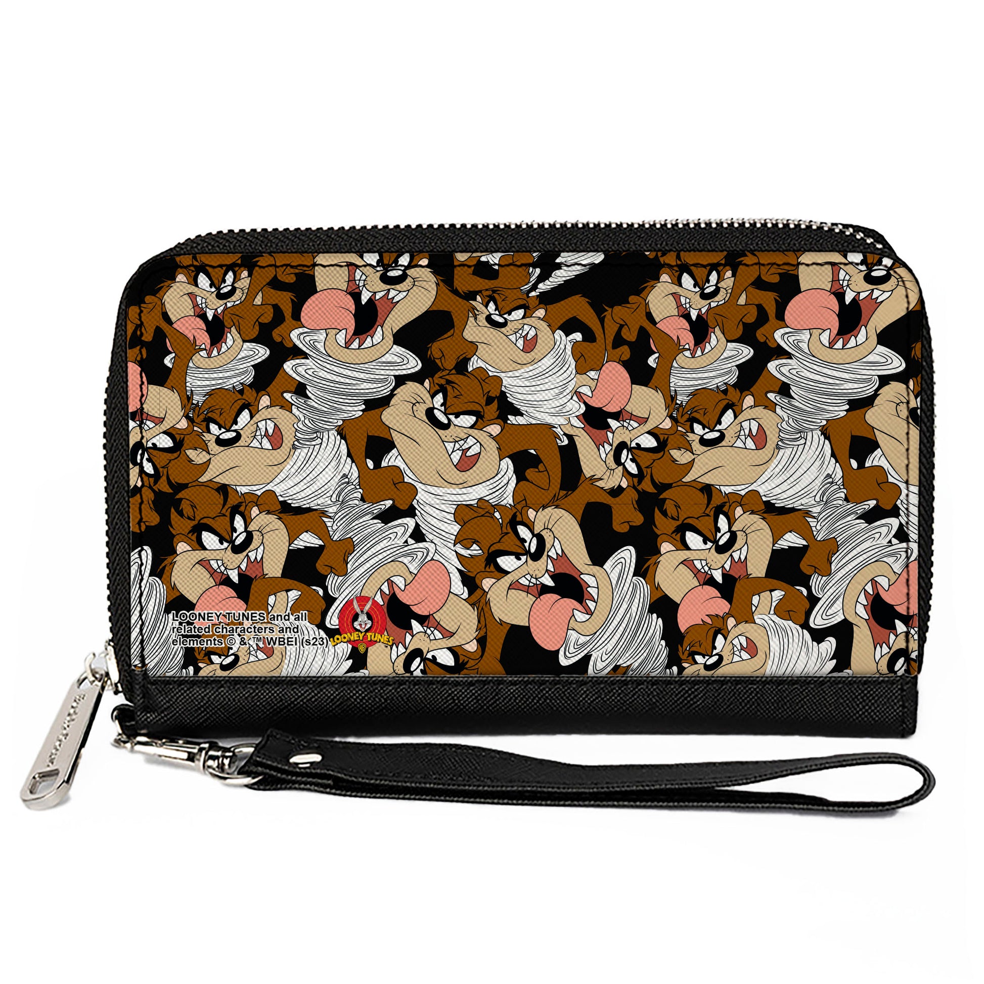 PU Zip Around Wallet Rectangle - Tasmanian Devil Vortex Poses Scattered Black Clutch Zip Around Wallets Looney Tunes   