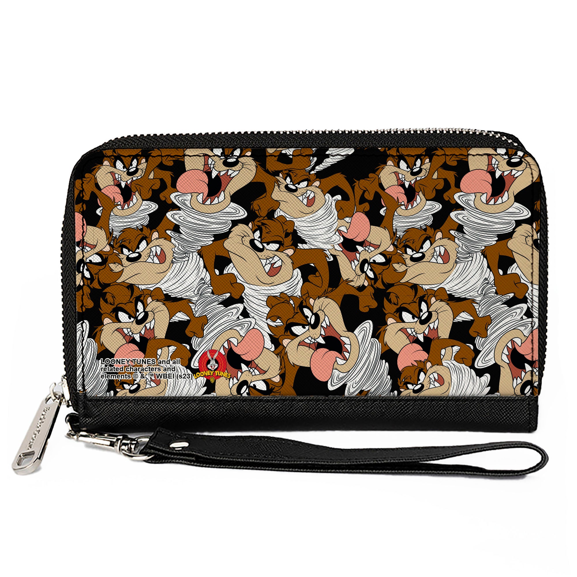 PU Zip Around Wallet Rectangle - Tasmanian Devil Vortex Poses Scattered Black Clutch Zip Around Wallets Looney Tunes   