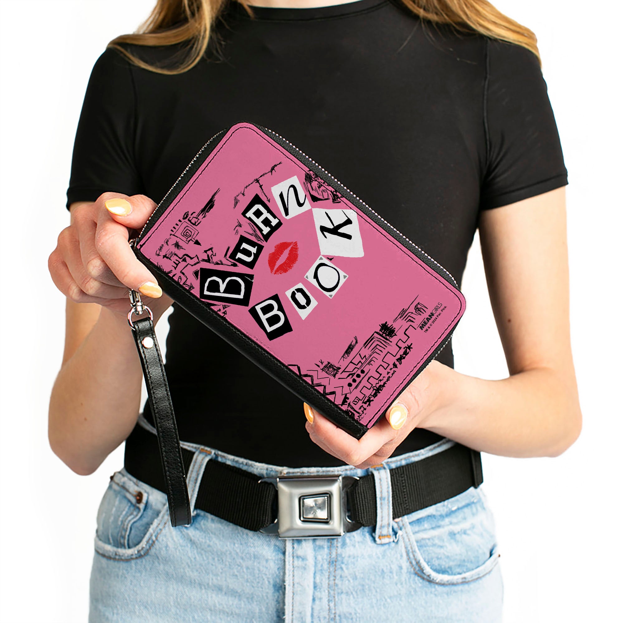 PU Zip Around Wallet Rectangle - Mean Girls BURN BOOK Cover Doodles Pink Clutch Zip Around Wallets Mean Girls