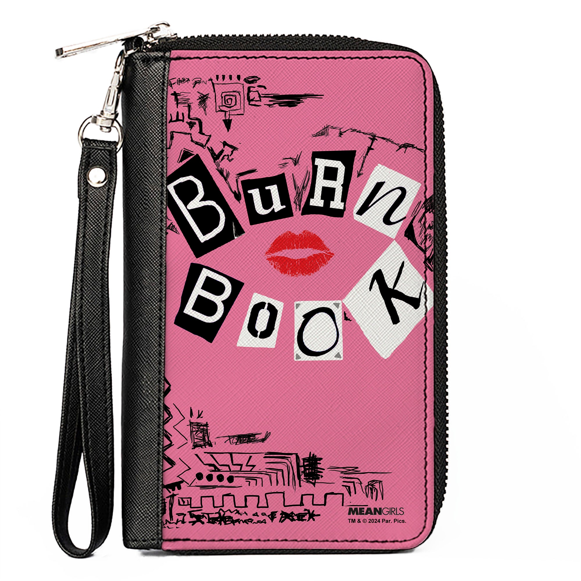 PU Zip Around Wallet Rectangle - Mean Girls BURN BOOK Cover Doodles Pink Clutch Zip Around Wallets Mean Girls