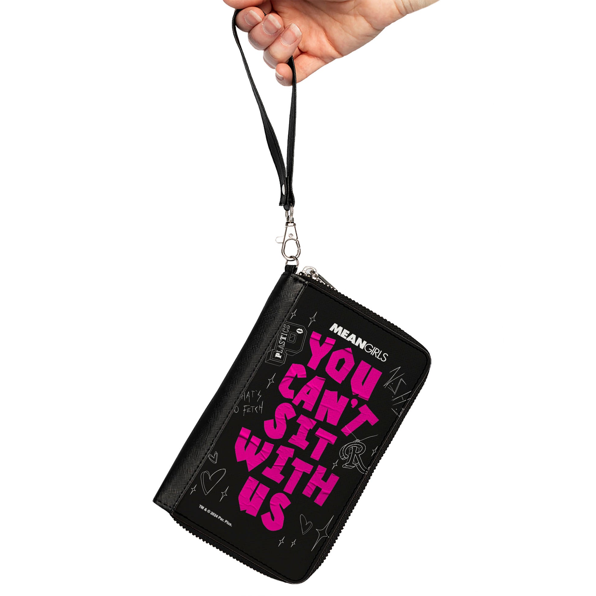 PU Zip Around Wallet Rectangle - Mean Girls YOU CAN'T SIT WITH US Doodles Black/Pink Clutch Zip Around Wallets Mean Girls