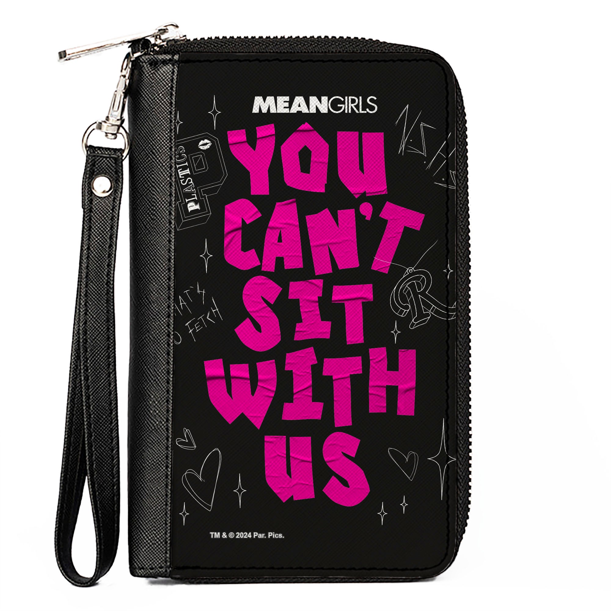 PU Zip Around Wallet Rectangle - Mean Girls YOU CAN'T SIT WITH US Doodles Black/Pink Clutch Zip Around Wallets Mean Girls