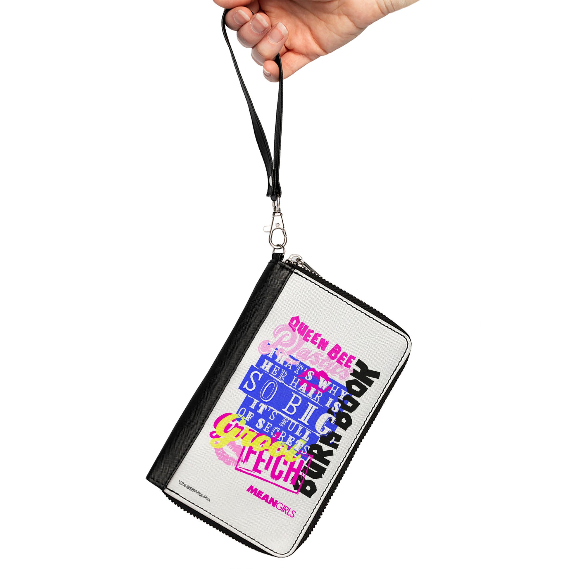 PU Zip Around Wallet Rectangle - Mean Girls Catch Phrases Collage White/Multi Color Clutch Zip Around Wallets Mean Girls