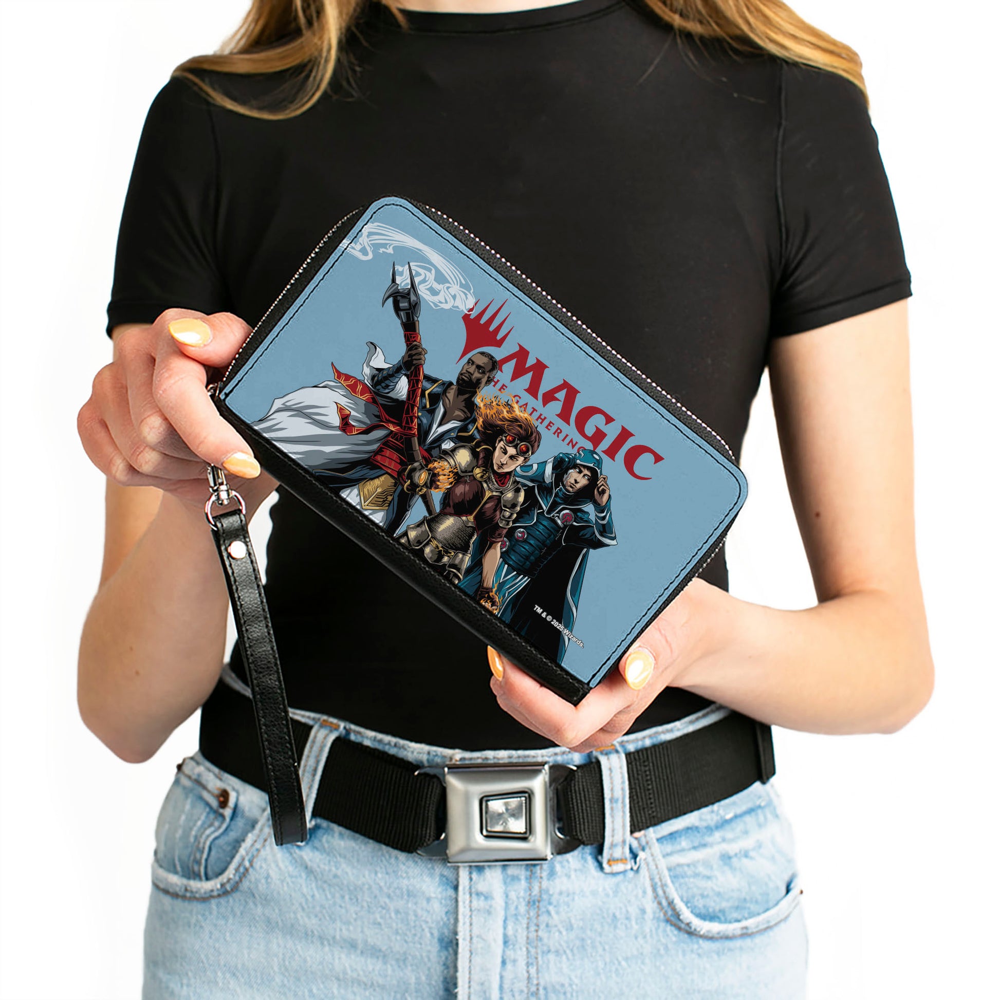 PU Zip Around Wallet Rectangle - MAGIC THE GATHERING Three Planeswalker Group Pose and Title Logo Light Blue Clutch Zip Around Wallets Magic the Gathering