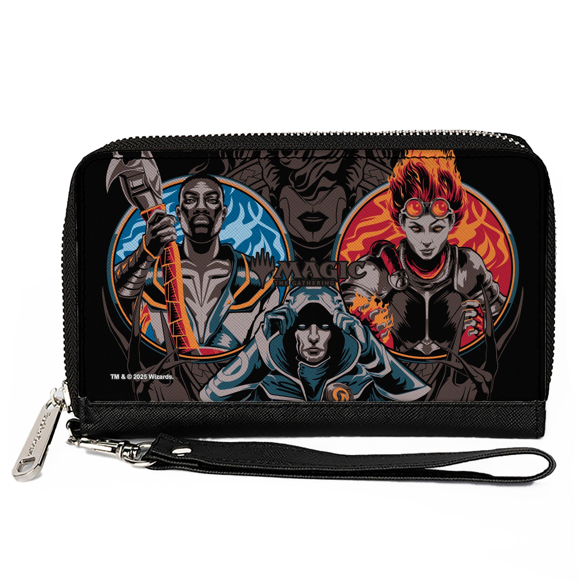 PU Zip Around Wallet Rectangle - MAGIC THE GATHERING Three Planeswalker Poses and Title Logo Black/Grays/Multi Color Clutch Zip Around Wallets Magic the Gathering