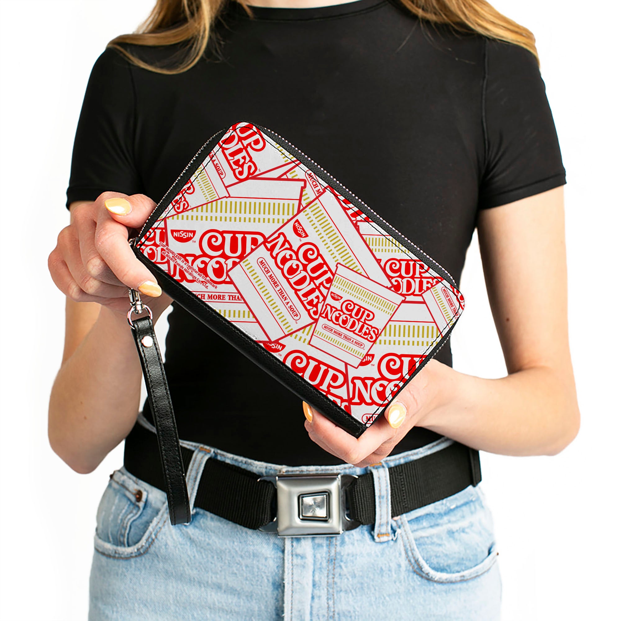 PU Zip Around Wallet Rectangle - NISSIN CUP NOODLES Cups Stacked White/Red/Dark Yellow Clutch Zip Around Wallets Nissin