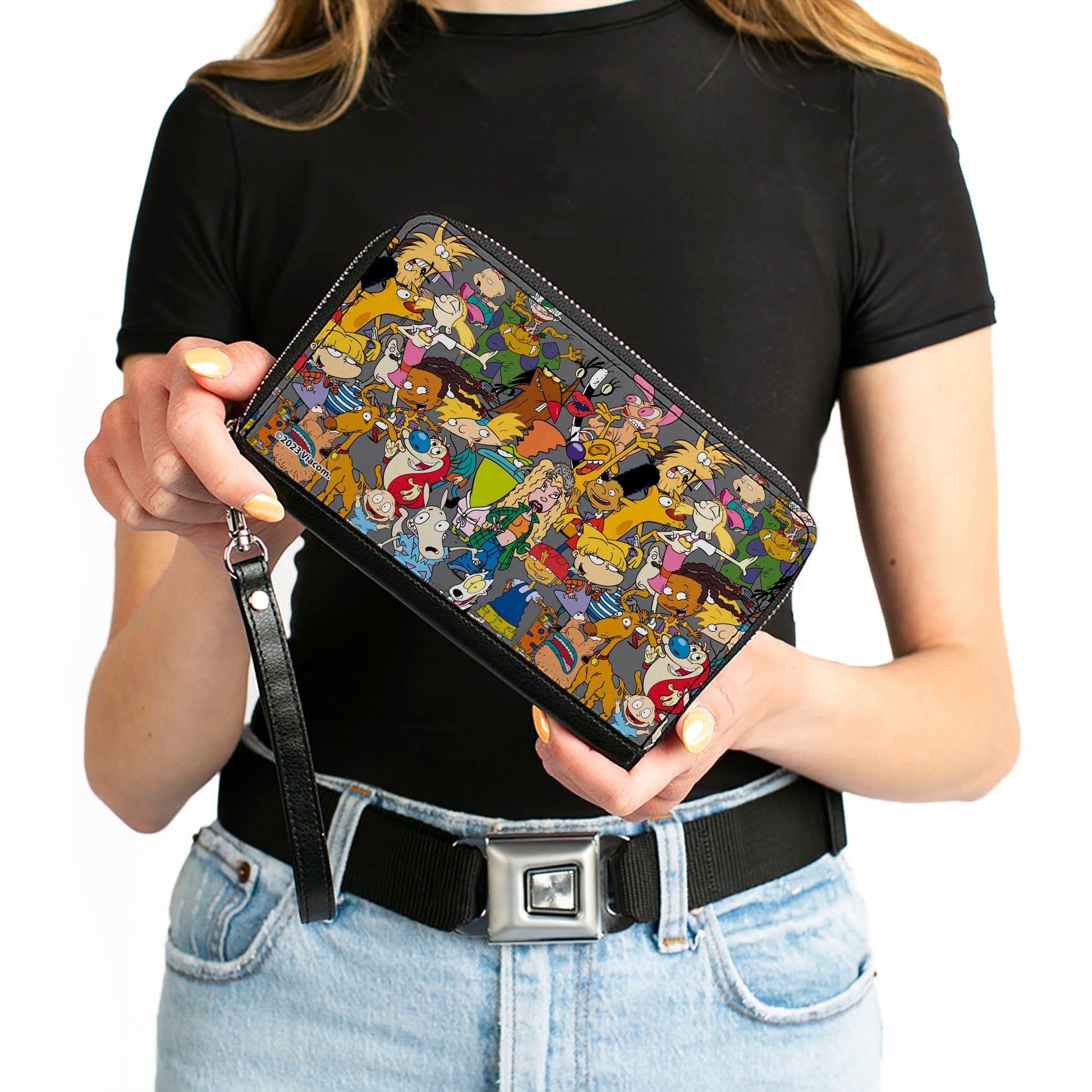 PU Zip Around Wallet Rectangle - Nick 90's Rewind Mutli Character Mash Up Collage Gray Clutch Zip Around Wallets Nick 90s