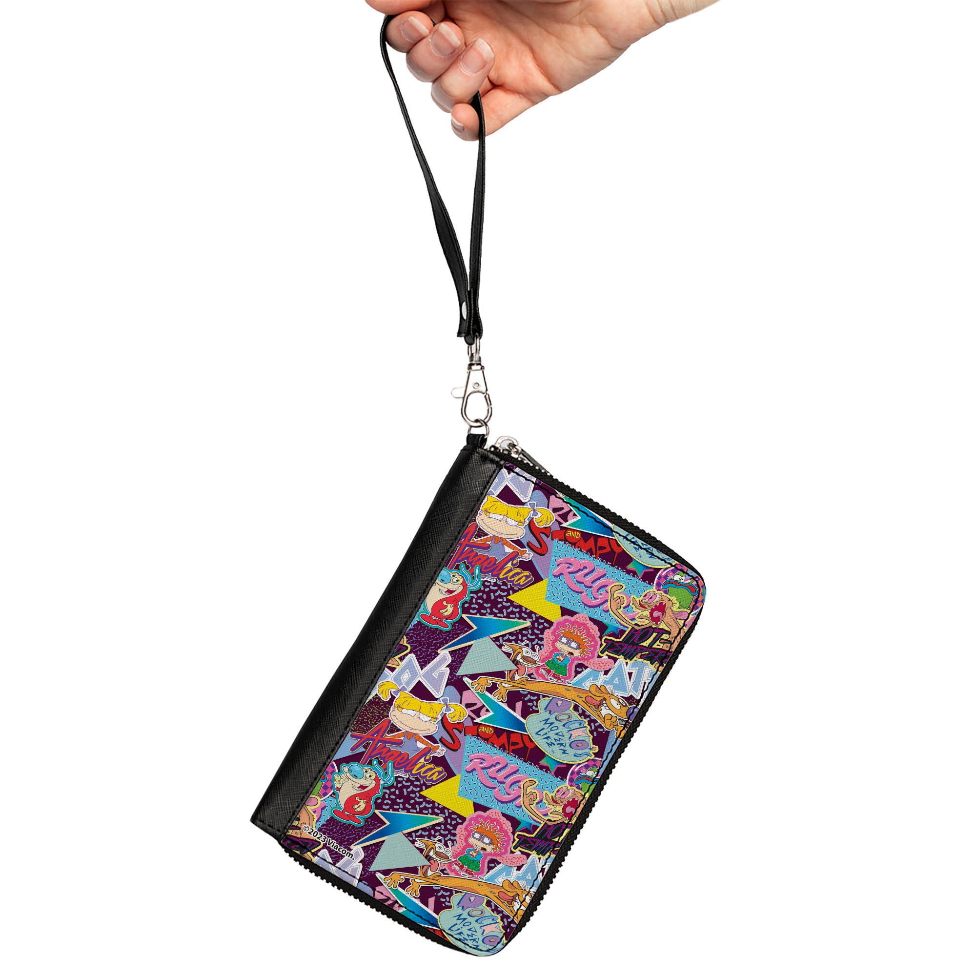 PU Zip Around Wallet Rectangle - Nick 90's Show Logos and Characters Collage Purple/Multi Color Clutch Zip Around Wallets Nick 90s