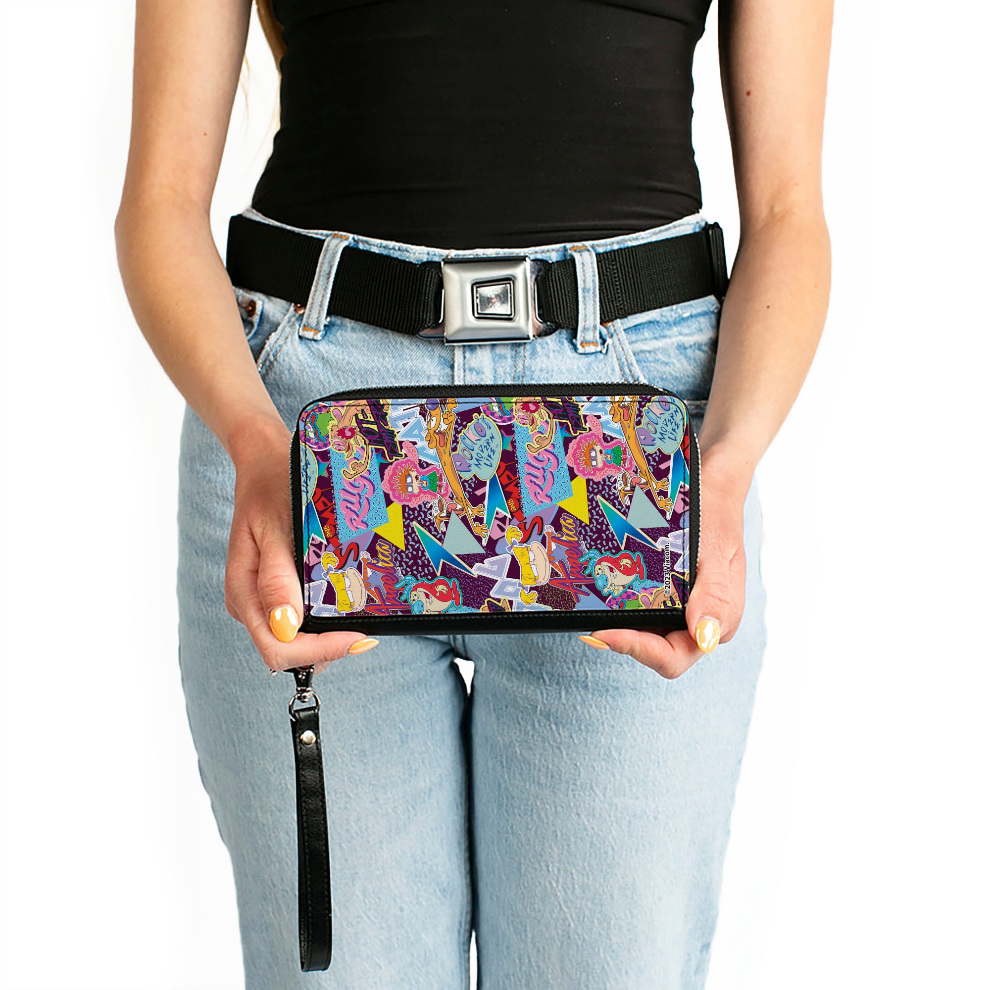 PU Zip Around Wallet Rectangle - Nick 90's Show Logos and Characters Collage Purple/Multi Color Clutch Zip Around Wallets Nick 90s