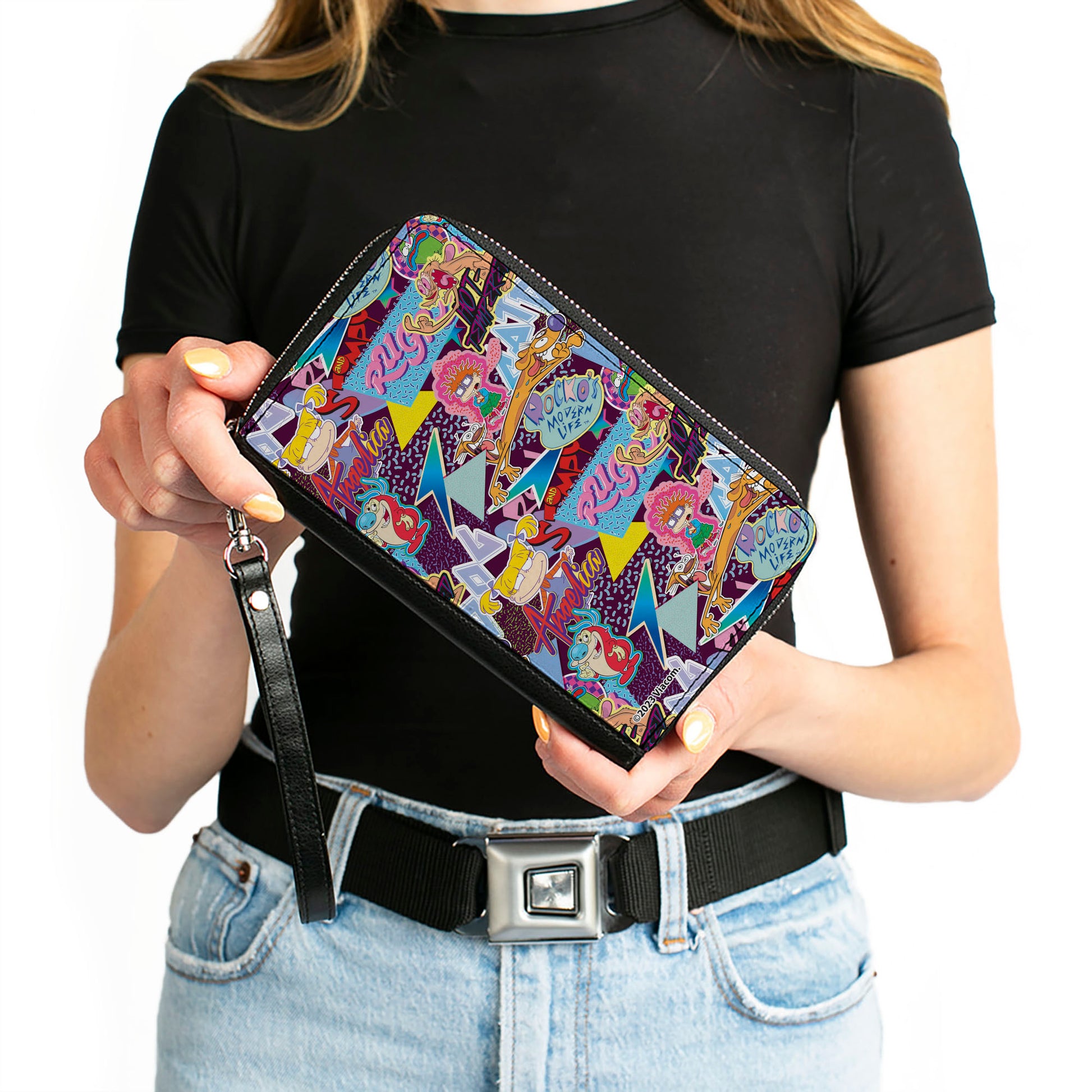 PU Zip Around Wallet Rectangle - Nick 90's Show Logos and Characters Collage Purple/Multi Color Clutch Zip Around Wallets Nick 90s