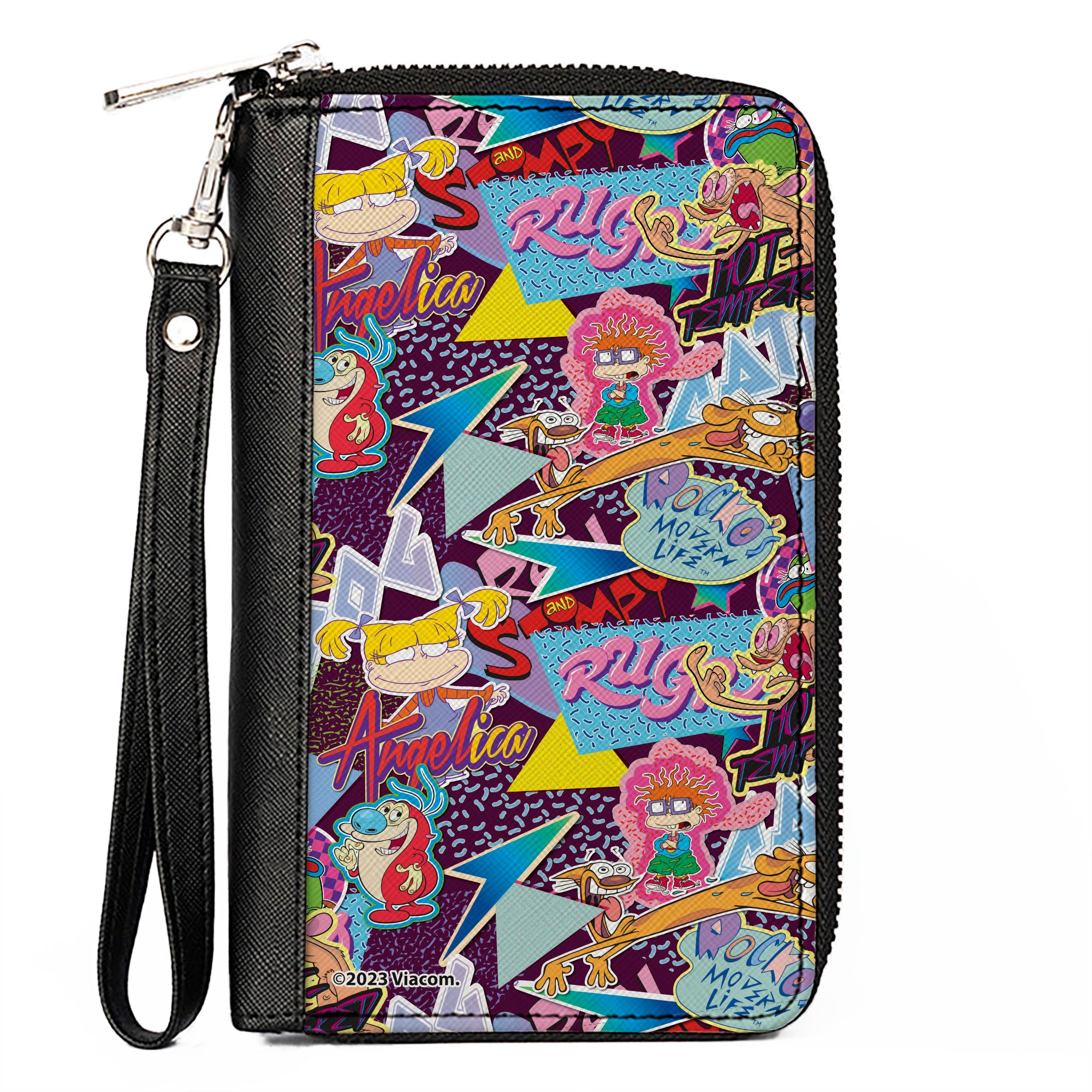 PU Zip Around Wallet Rectangle - Nick 90's Show Logos and Characters Collage Purple/Multi Color Clutch Zip Around Wallets Nick 90s