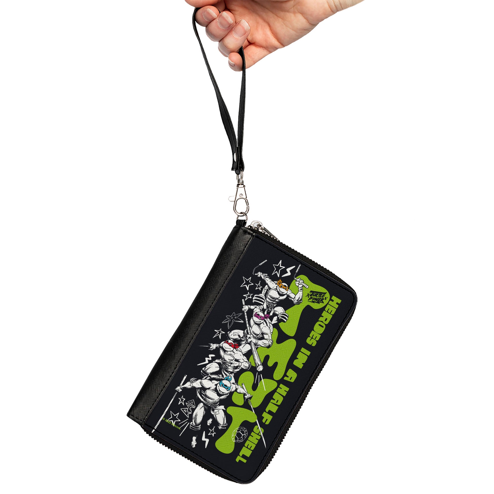 PU Zip Around Wallet Rectangle - Teenage Mutant Ninja Turtles TMNT TURTLES IN A HALF SHELL Action Poses Black/White/Green Clutch Zip Around Wallets Teenage Mutant Ninja Turtles