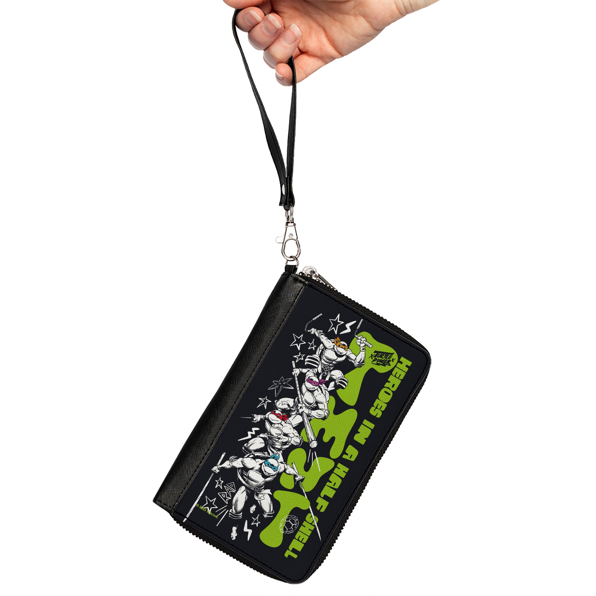 PU Zip Around Wallet Rectangle - Teenage Mutant Ninja Turtles TMNT TURTLES IN A HALF SHELL Action Poses Black/White/Green Clutch Zip Around Wallets Teenage Mutant Ninja Turtles