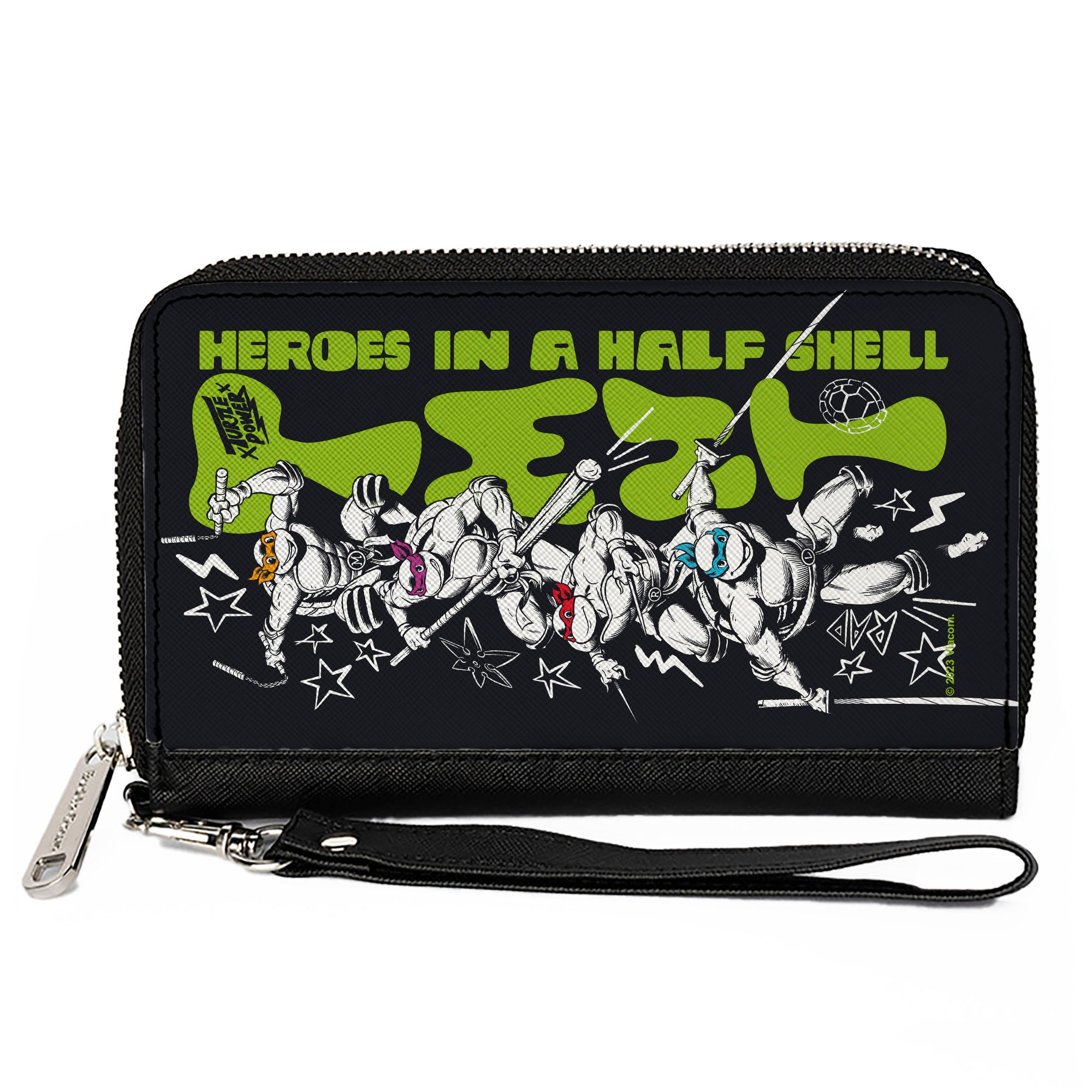 PU Zip Around Wallet Rectangle - Teenage Mutant Ninja Turtles TMNT TURTLES IN A HALF SHELL Action Poses Black/White/Green Clutch Zip Around Wallets Teenage Mutant Ninja Turtles