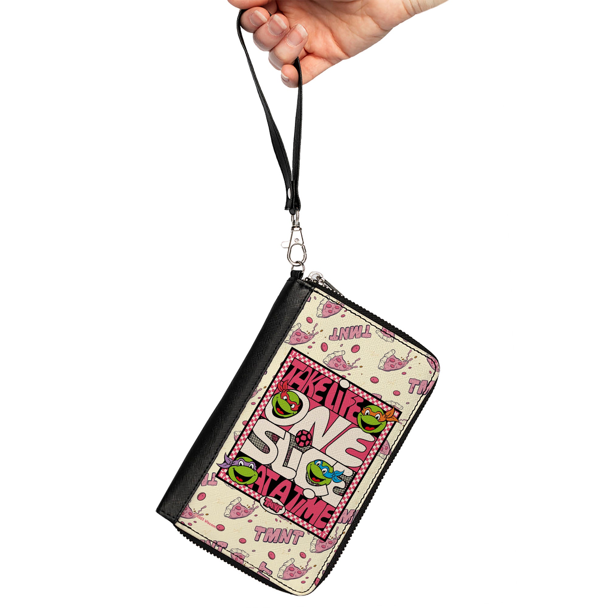 PU Zip Around Wallet Rectangle - Teenage Mutant Ninja Turtles TAKE LIFE ONE SLICE AT A TIME Pizza Collage Beige/Reds Clutch Zip Around Wallets Teenage Mutant Ninja Turtles