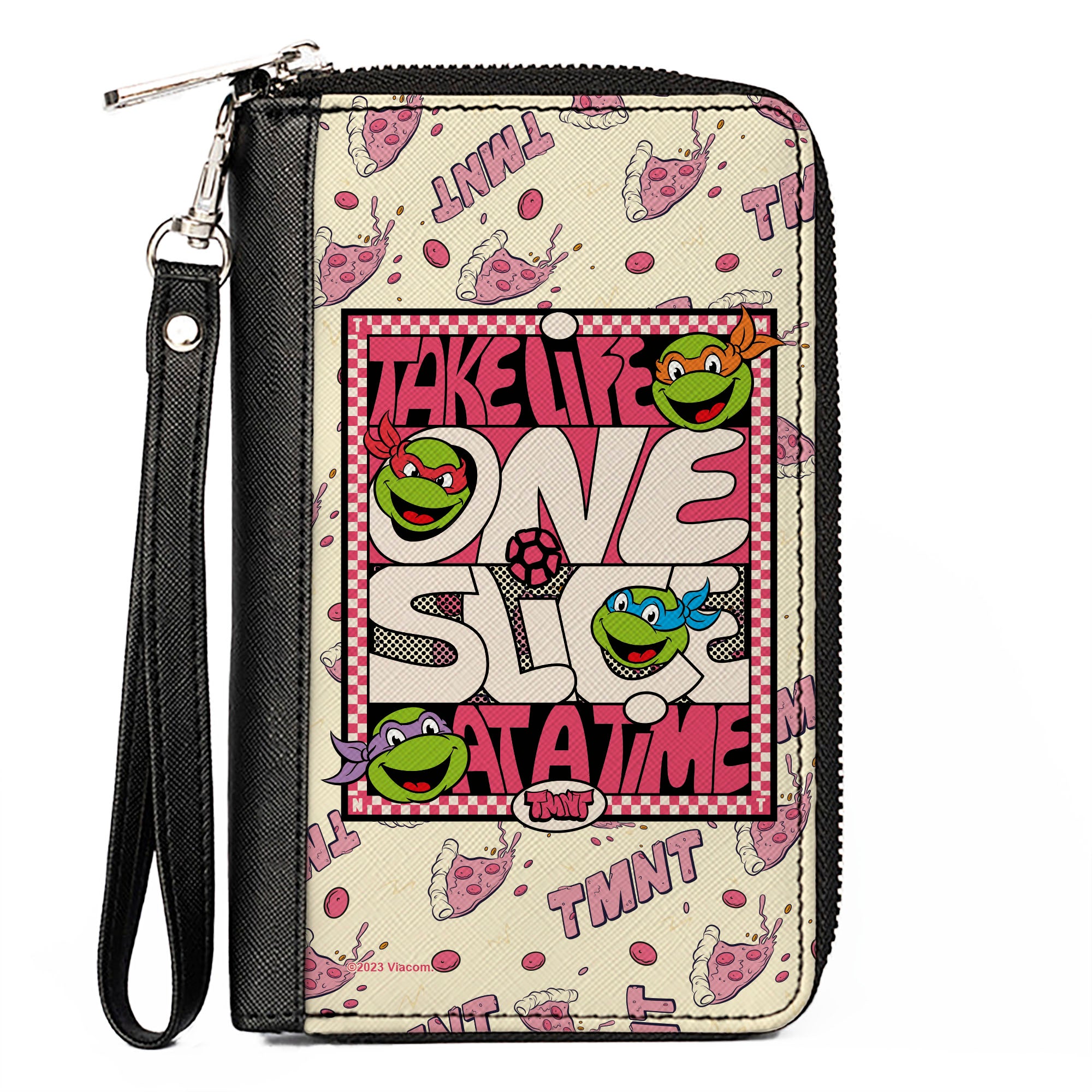 PU Zip Around Wallet Rectangle - Teenage Mutant Ninja Turtles TAKE LIFE ONE SLICE AT A TIME Pizza Collage Beige/Reds Clutch Zip Around Wallets Teenage Mutant Ninja Turtles