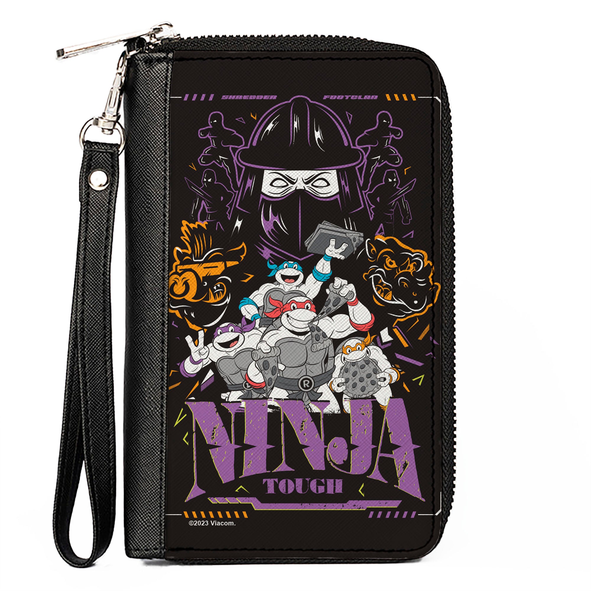 PU Zip Around Wallet Rectangle - Teenage Mutant Ninja Turtles NINJA TOUGH Group Pose and Enemies Black/Multi Color Clutch Zip Around Wallets Teenage Mutant Ninja Turtles