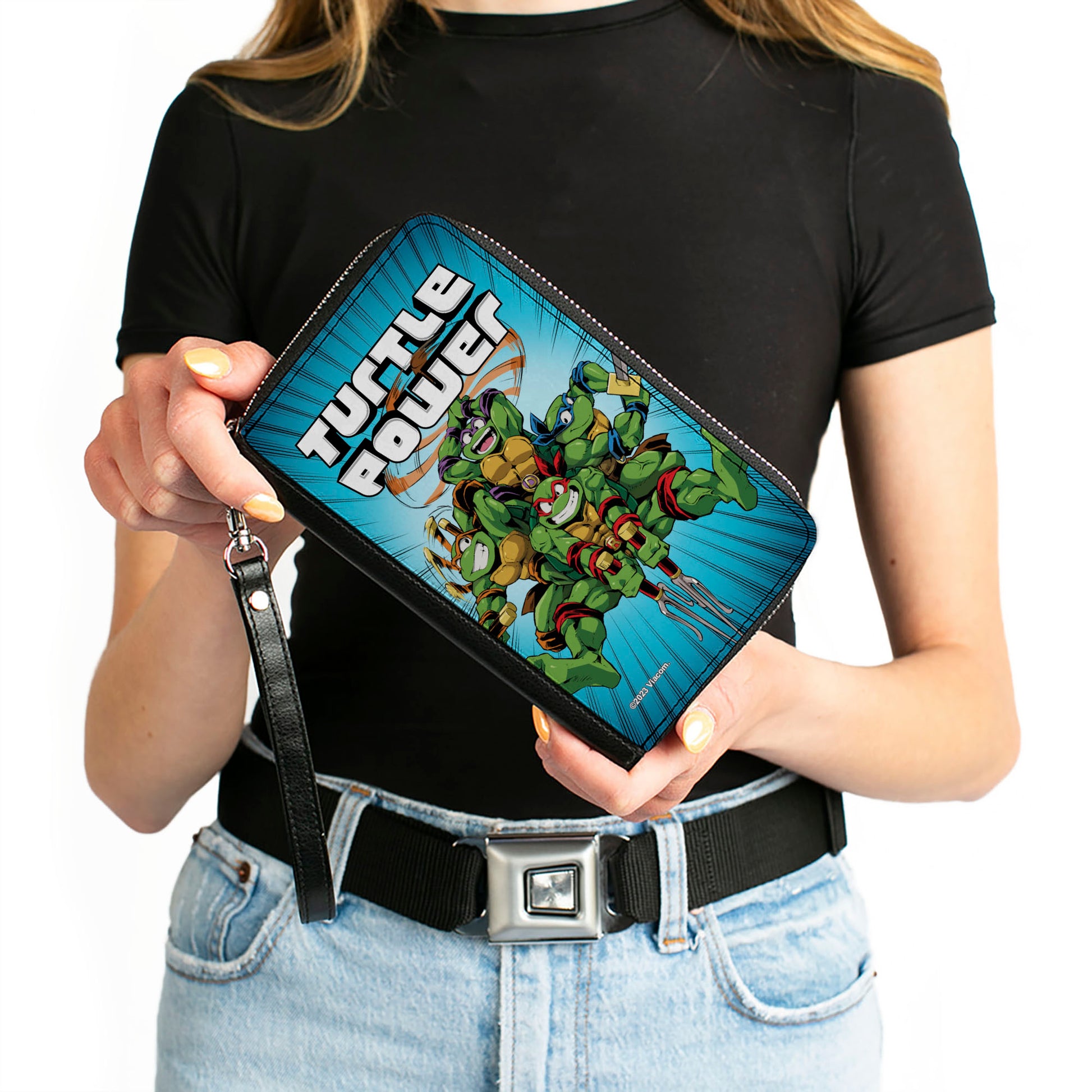 PU Zip Around Wallet Rectangle - Teenage Mutant Ninja Turtles TURTLE POWER Group Pose Rays Blues Clutch Zip Around Wallets Teenage Mutant Ninja Turtles