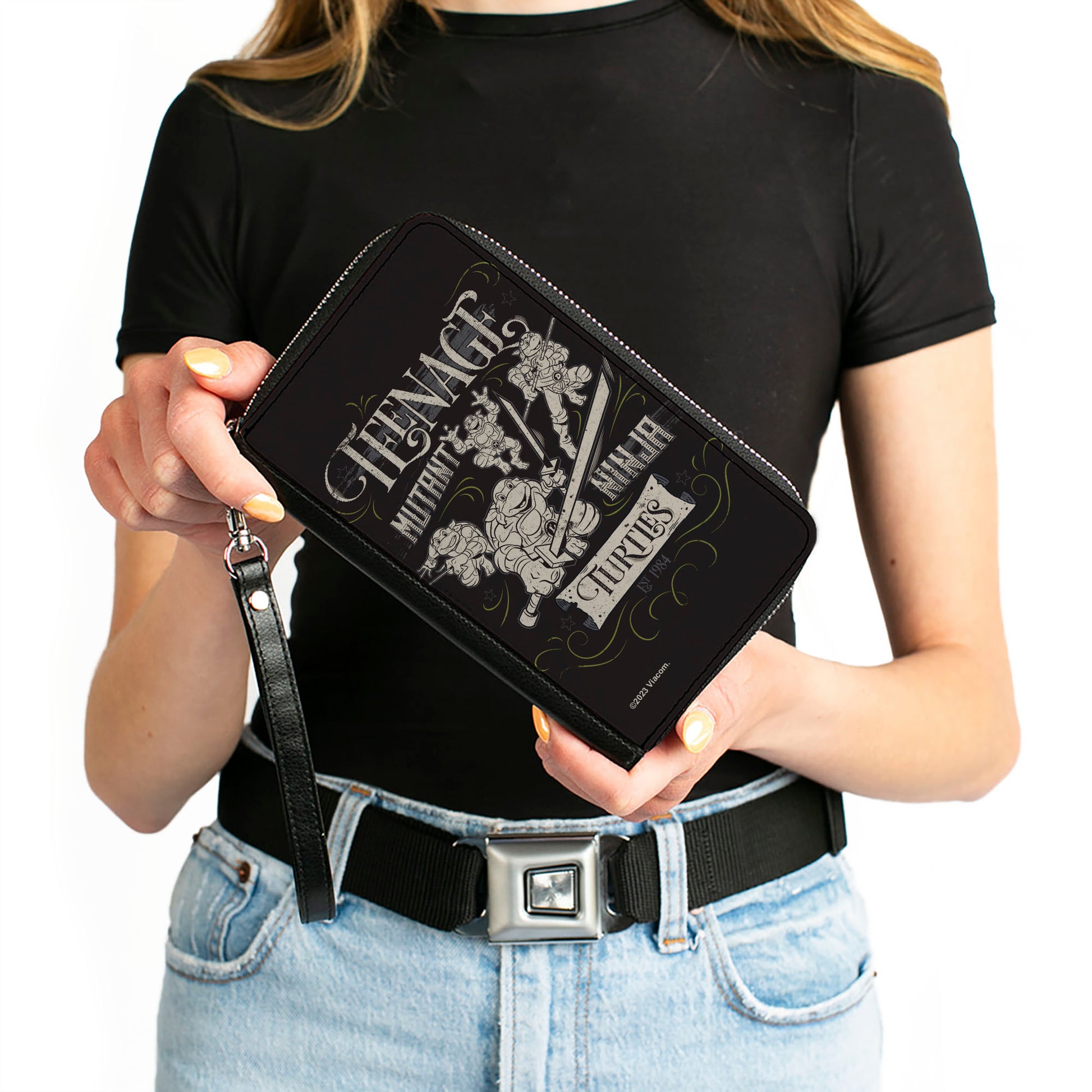 PU Zip Around Wallet Rectangle - TEENAGE MUTANT NINJA TURTLES Est. 1984 Action Poses Black/White Clutch Zip Around Wallets Teenage Mutant Ninja Turtles