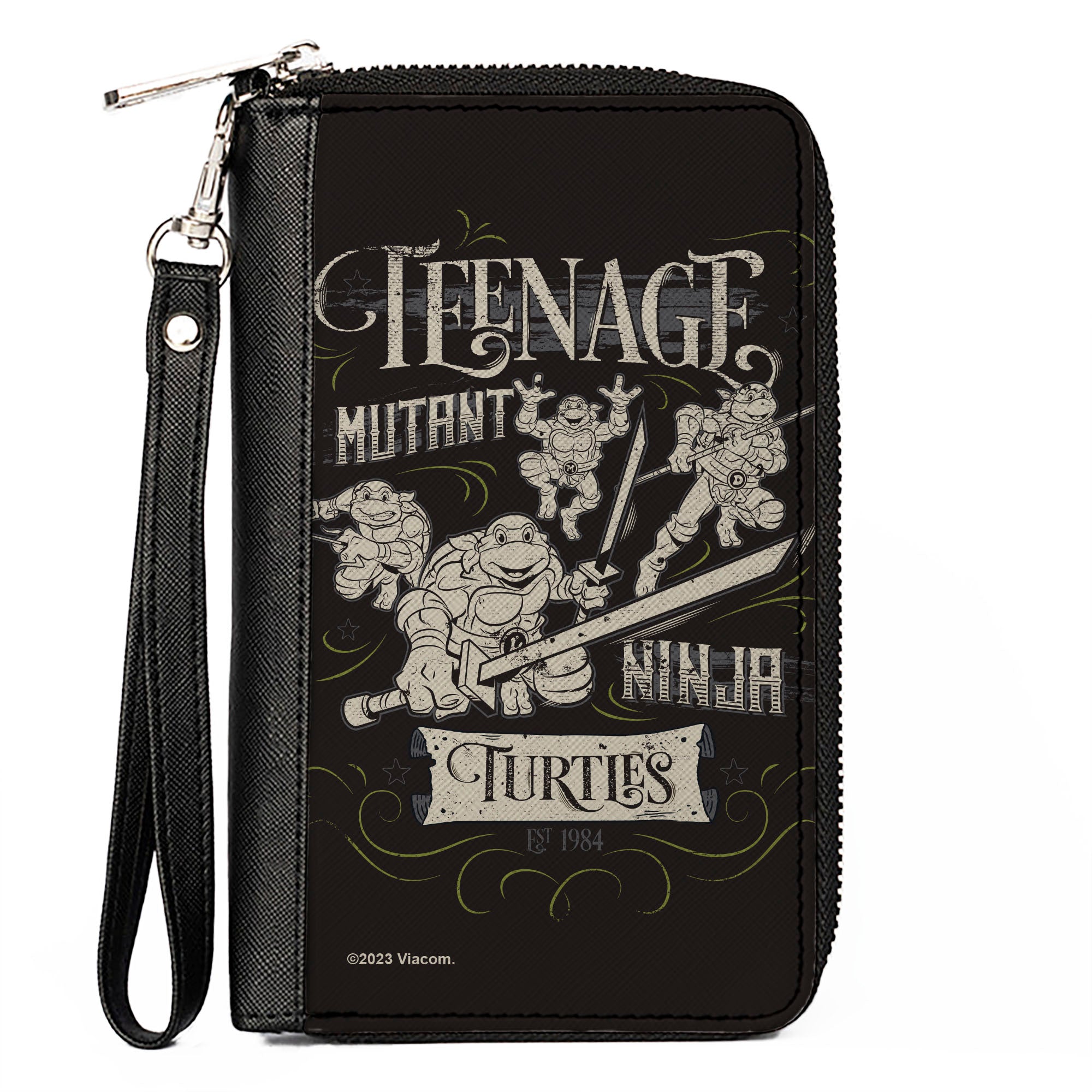 PU Zip Around Wallet Rectangle - TEENAGE MUTANT NINJA TURTLES Est. 1984 Action Poses Black/White Clutch Zip Around Wallets Teenage Mutant Ninja Turtles