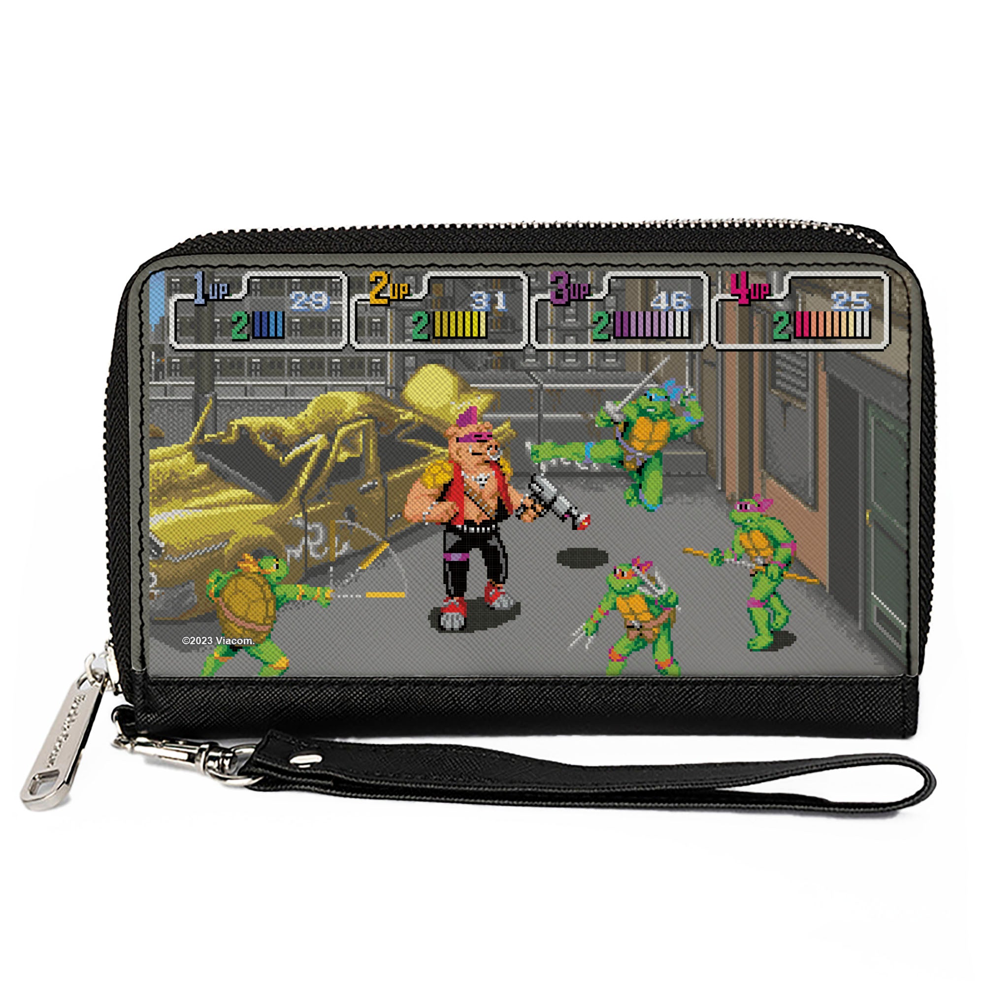 PU Zip Around Wallet Rectangle - Teenage Mutant Ninja Turtles and Bebop Arcade Battle Scene Clutch Zip Around Wallets Teenage Mutant Ninja Turtles