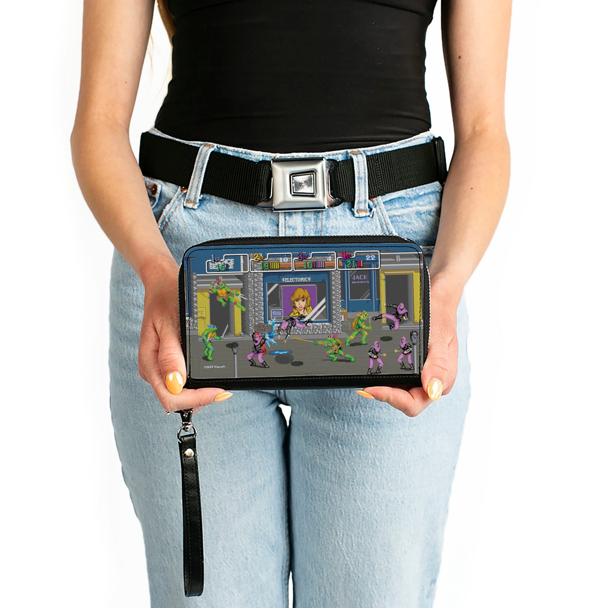 PU Zip Around Wallet Rectangle - Teenage Mutant Ninja Turtles Battle Purple Foot Soldier Ninja Arcade Scene Grays Clutch Zip Around Wallets Teenage Mutant Ninja Turtles