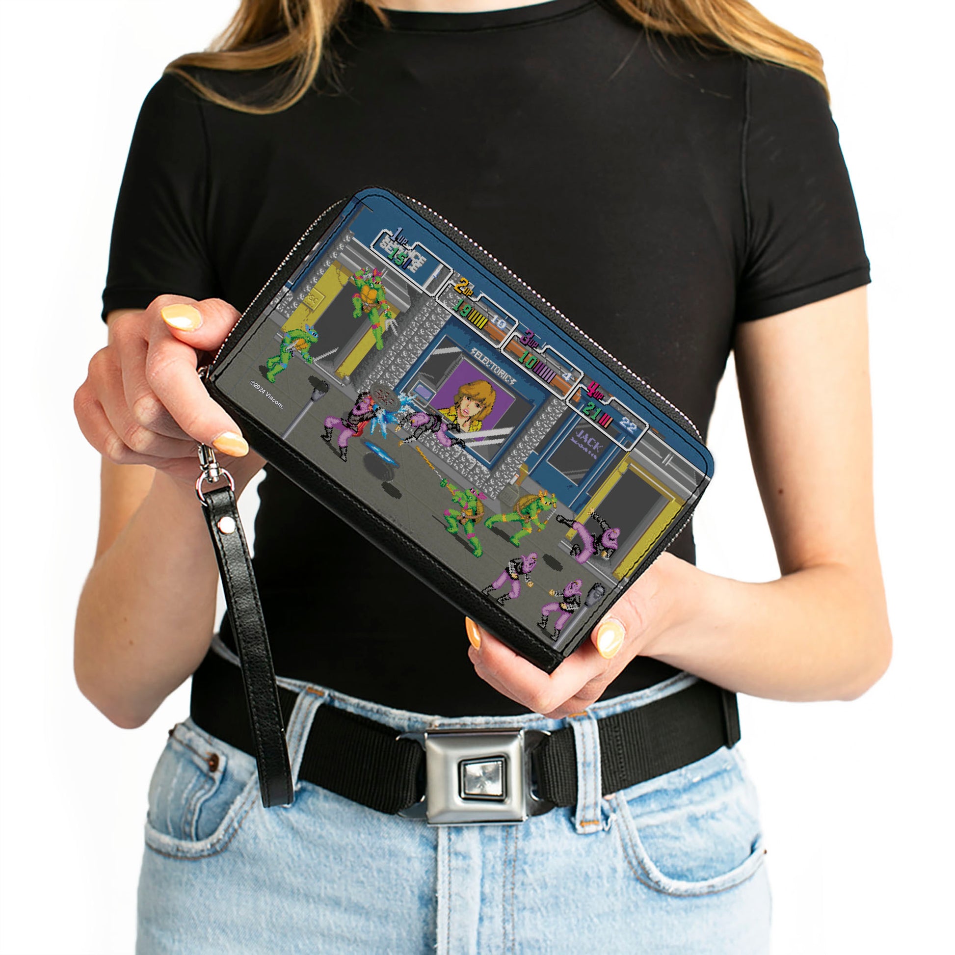 PU Zip Around Wallet Rectangle - Teenage Mutant Ninja Turtles Battle Purple Foot Soldier Ninja Arcade Scene Grays Clutch Zip Around Wallets Teenage Mutant Ninja Turtles