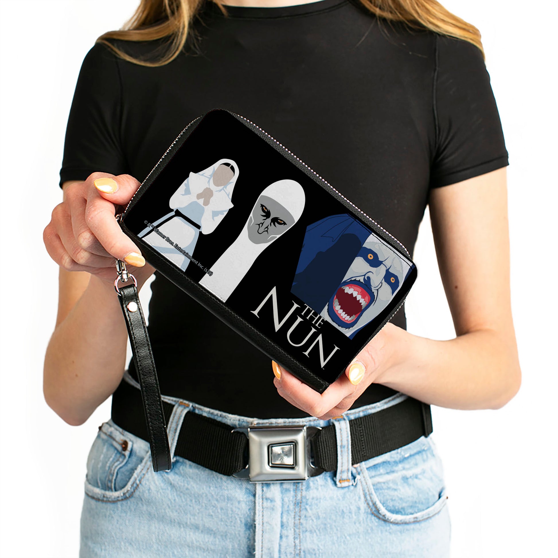 PU Zip Around Wallet Rectangle - THE NUN Sister Irene and Demon Nun Valak Icons with Title Logo Black/White Clutch Zip Around Wallets The Nun