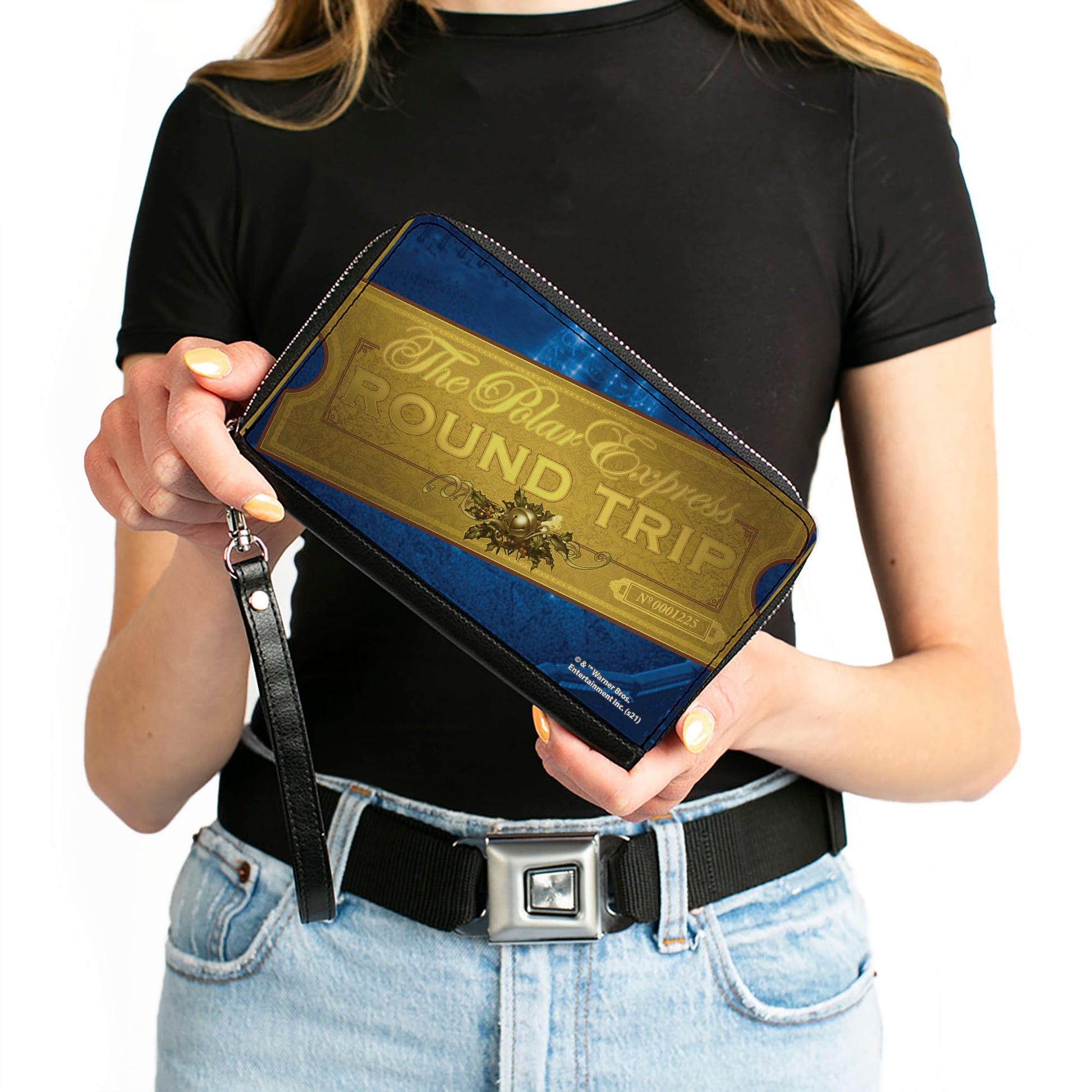Women's PU Zip Around Wallet Rectangle - THE POLAR EXPRESS ROUND TRIP Train Ticket Blues Golds Clutch Zip Around Wallets The Polar Express