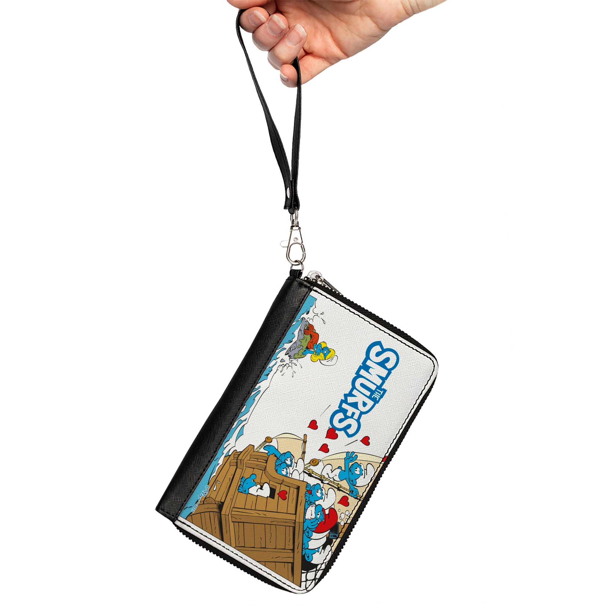 PU Zip Around Wallet Rectangle - THE SMURFS Smurfette Mermaid Valentine Boat Scene and Title Logo Clutch Zip Around Wallets The Smurfs