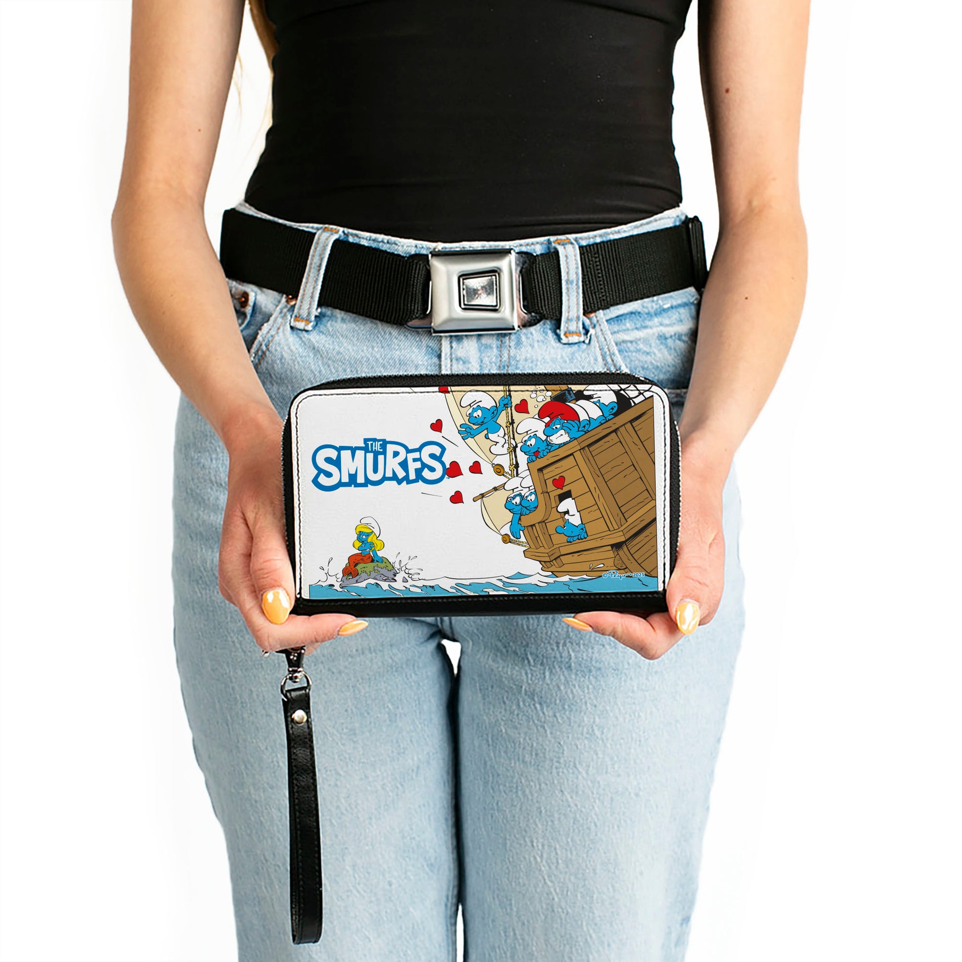 PU Zip Around Wallet Rectangle - THE SMURFS Smurfette Mermaid Valentine Boat Scene and Title Logo Clutch Zip Around Wallets The Smurfs
