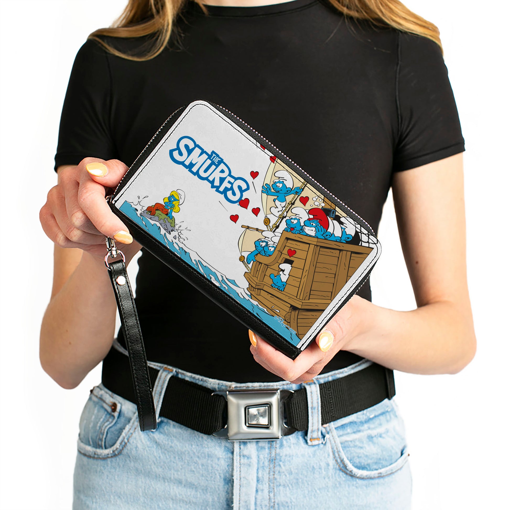 PU Zip Around Wallet Rectangle - THE SMURFS Smurfette Mermaid Valentine Boat Scene and Title Logo Clutch Zip Around Wallets The Smurfs