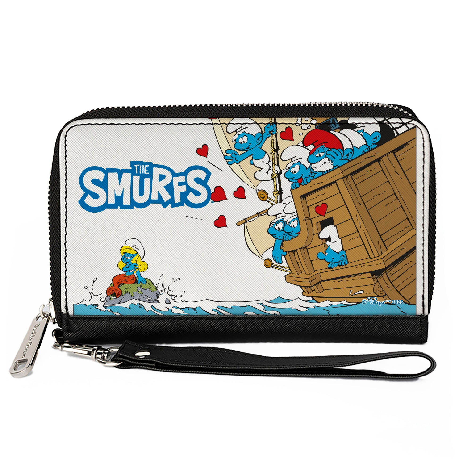 PU Zip Around Wallet Rectangle - THE SMURFS Smurfette Mermaid Valentine Boat Scene and Title Logo Clutch Zip Around Wallets The Smurfs