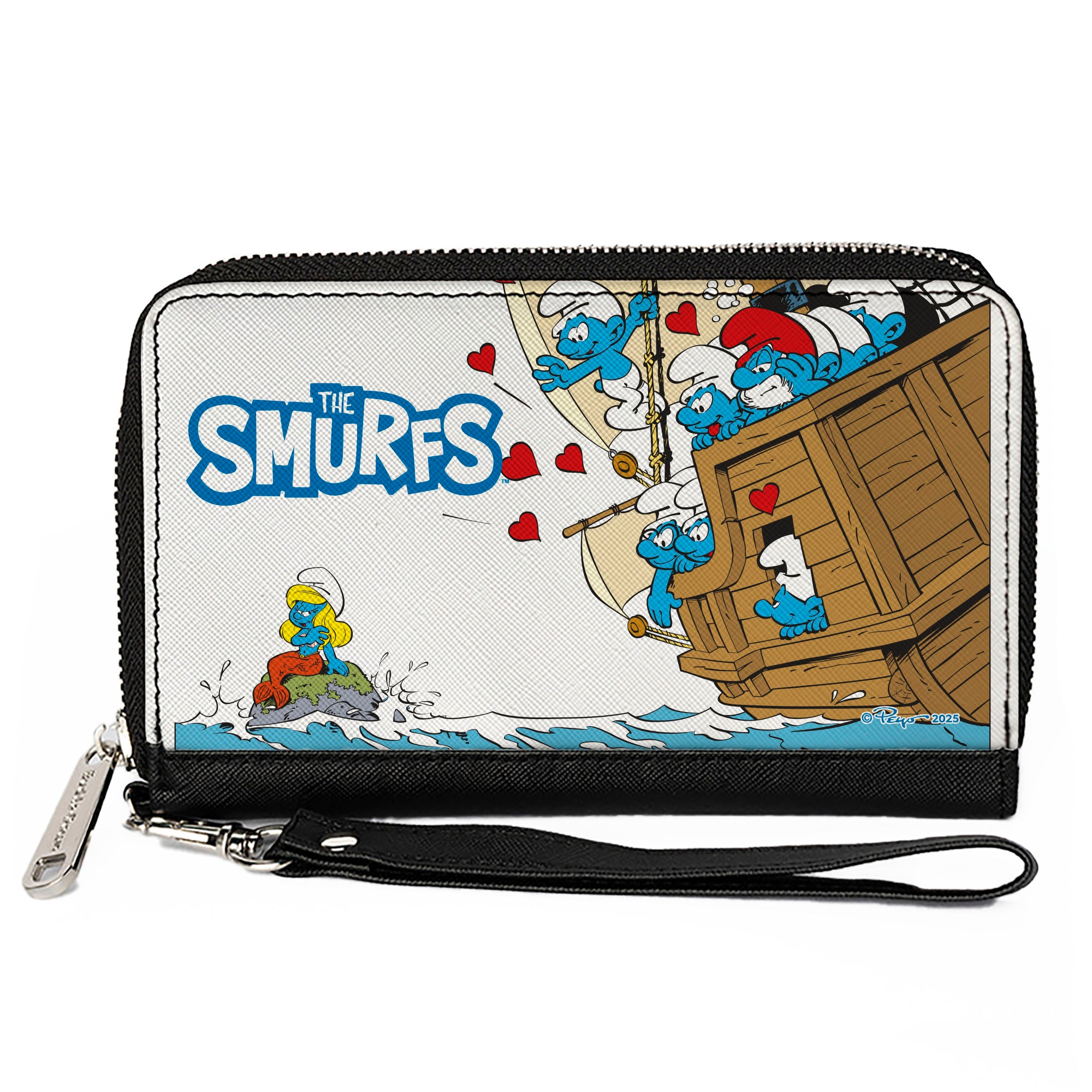 PU Zip Around Wallet Rectangle - THE SMURFS Smurfette Mermaid Valentine Boat Scene and Title Logo Clutch Zip Around Wallets The Smurfs