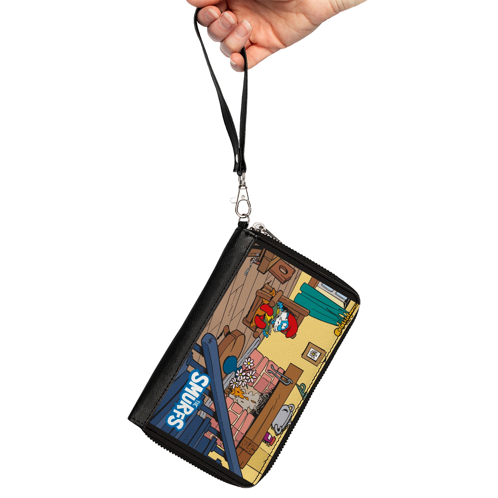 PU Zip Around Wallet Rectangle - THE SMURFS Papa Smurf Fireplace Reading Scene and Title Logo Clutch Zip Around Wallets The Smurfs