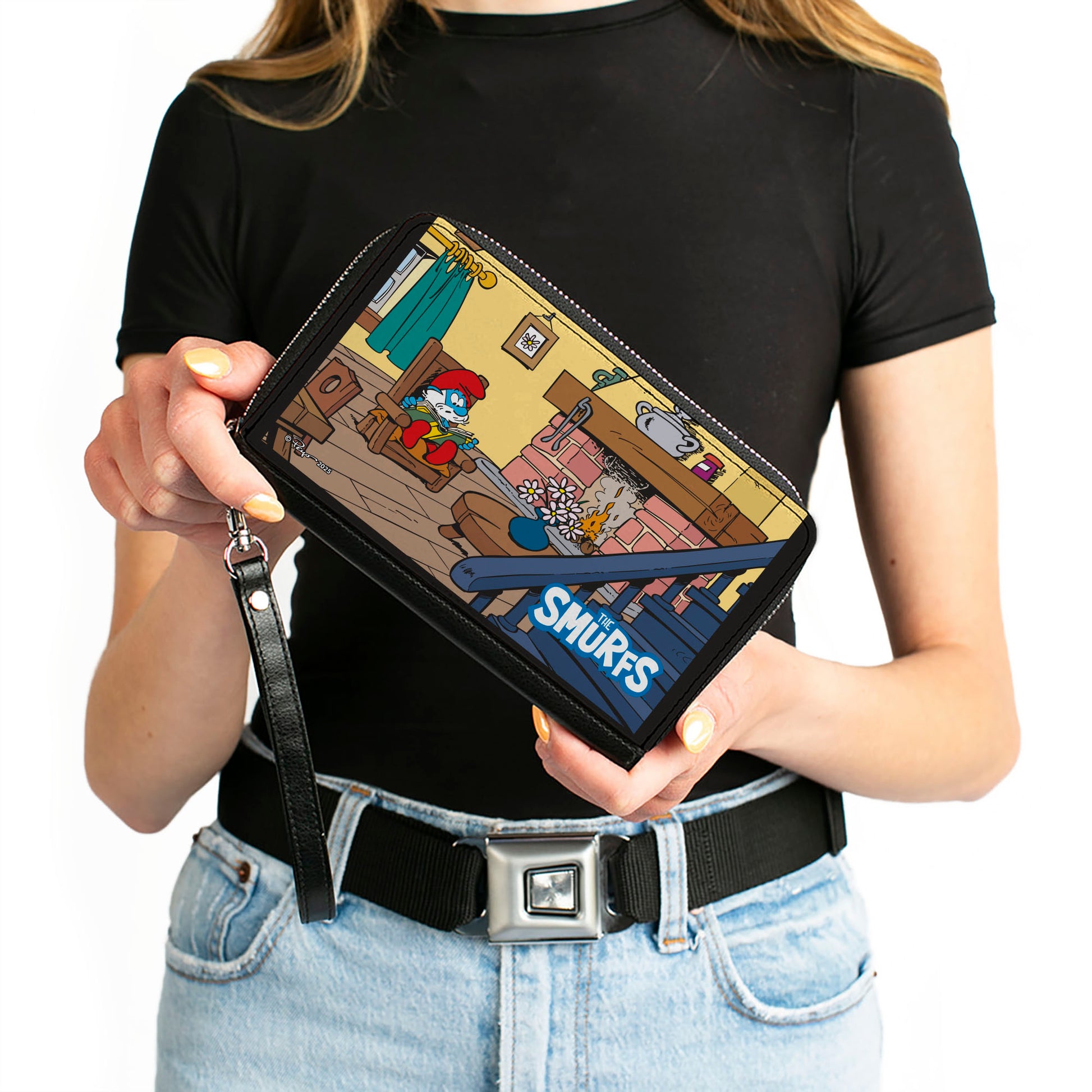 PU Zip Around Wallet Rectangle - THE SMURFS Papa Smurf Fireplace Reading Scene and Title Logo Clutch Zip Around Wallets The Smurfs